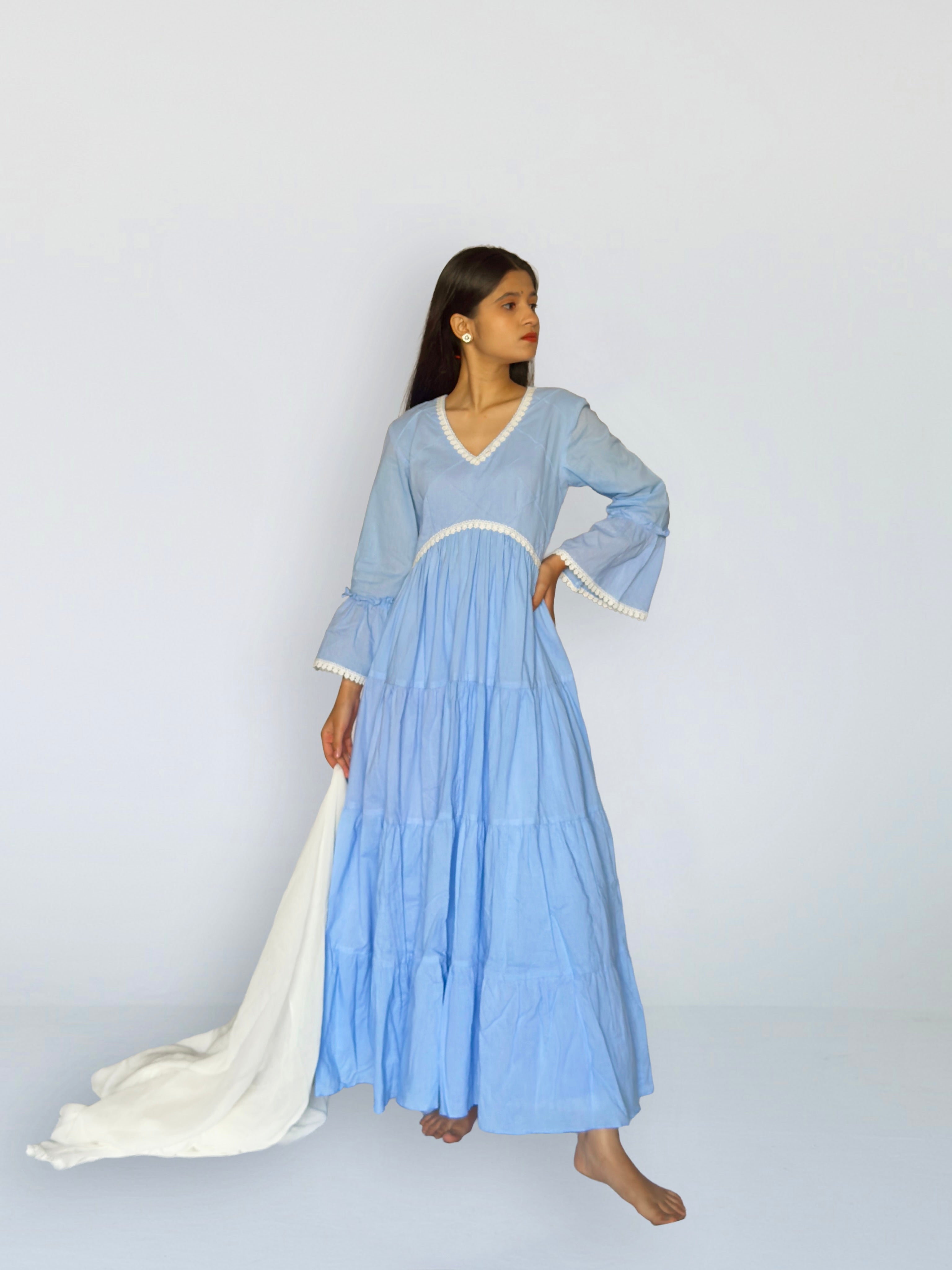 Powder Blue Cottan Tiered Anarkali Set