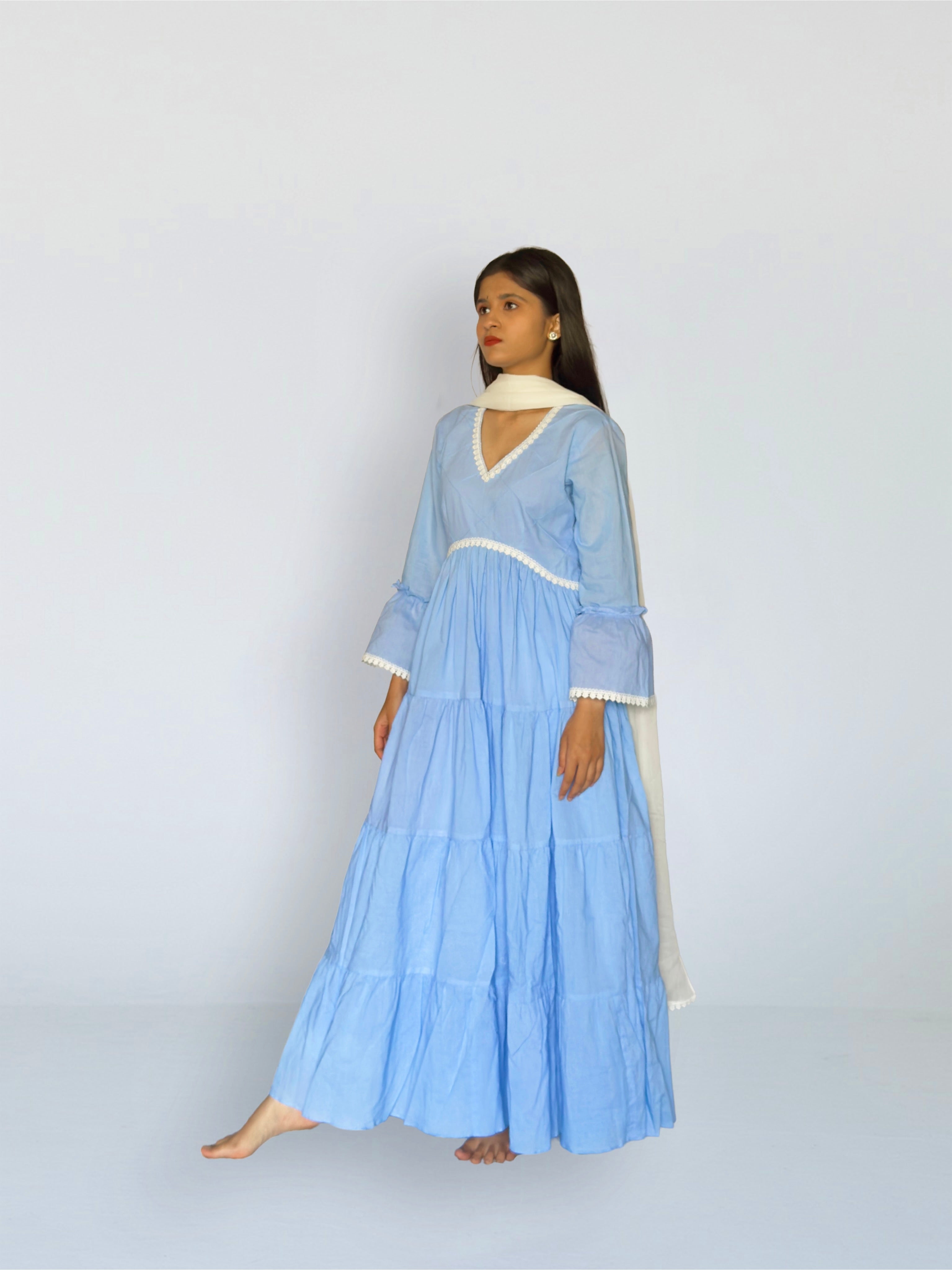 Powder Blue Cottan Tiered Anarkali Set