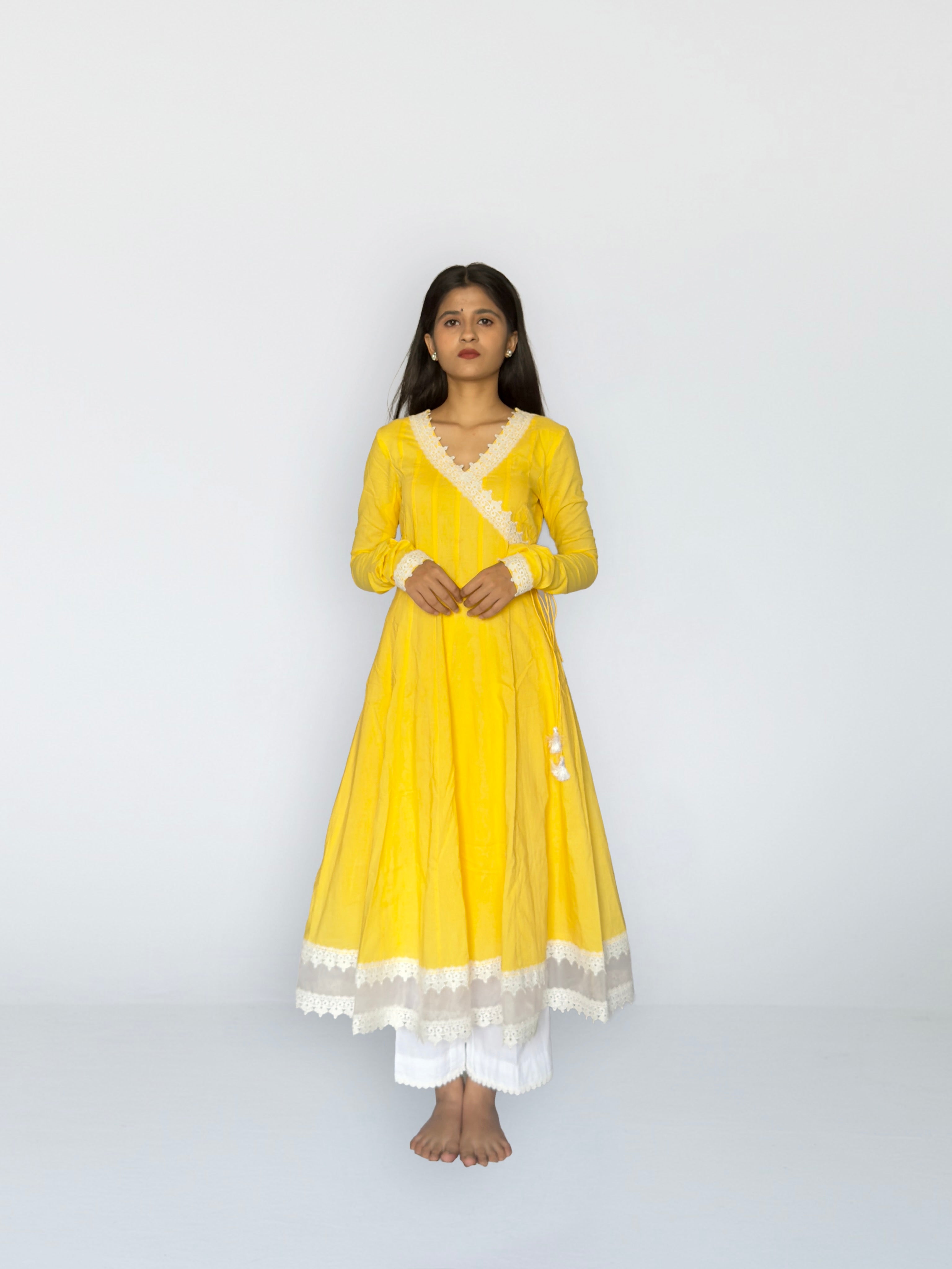 Sunshine Yellow Cottan Angrakha Anarkali Kurta Set