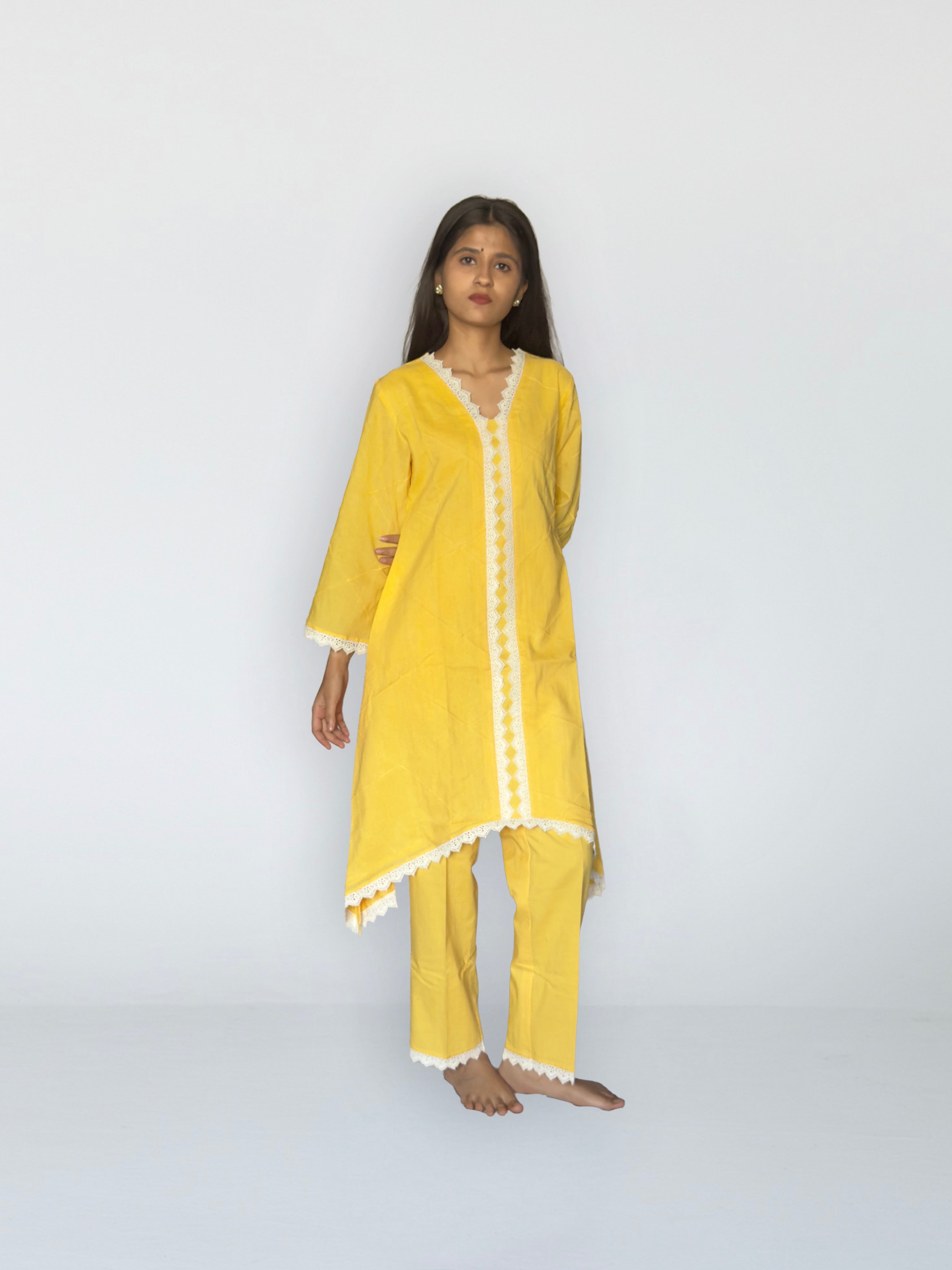 Sunshine Yellow Cottan Co-ord With Lace