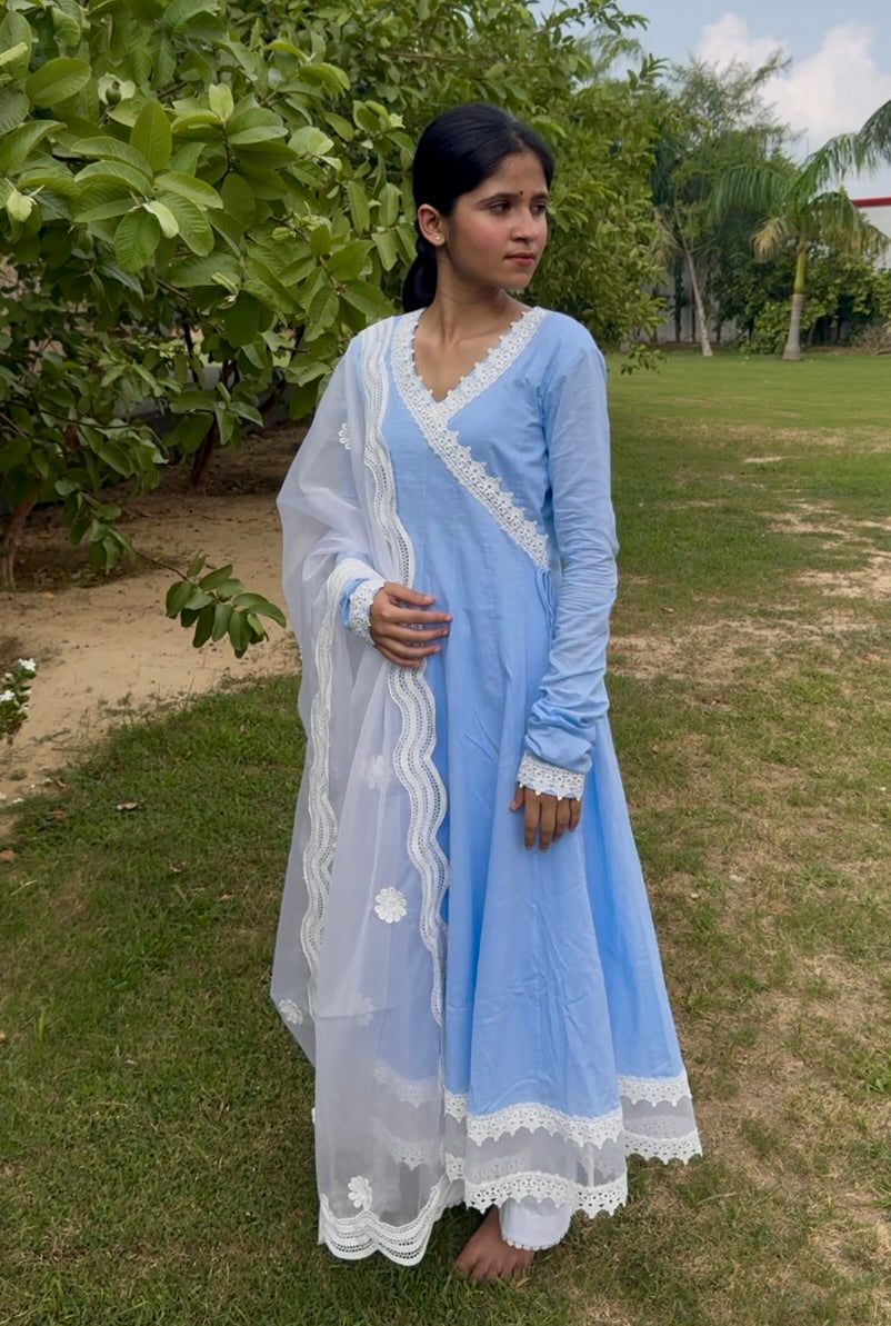 Powder Blue Cottan Angrakha Anarkali Kurta Set