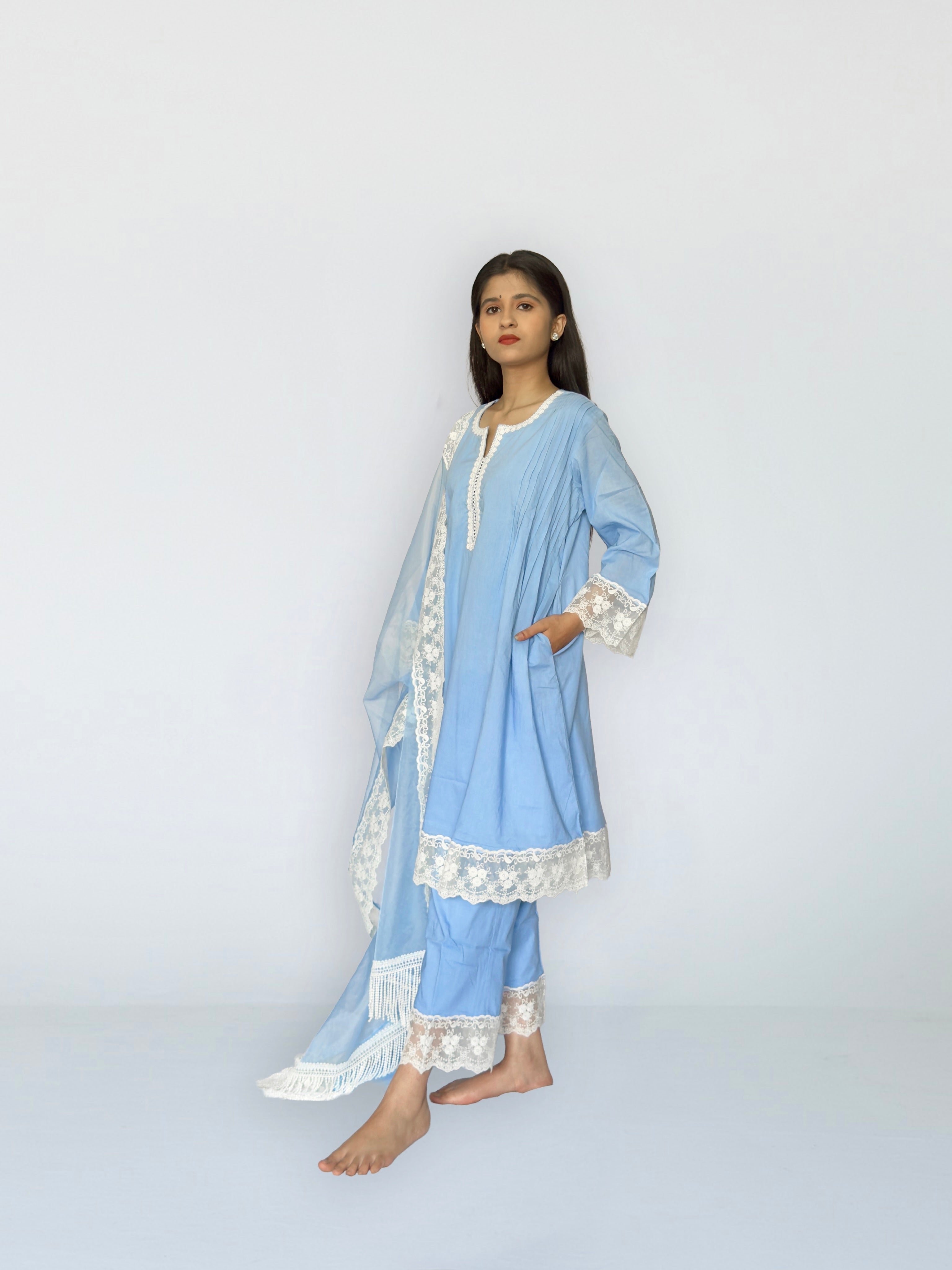 Powder Blue Cottan A-Line Short Kurta Set