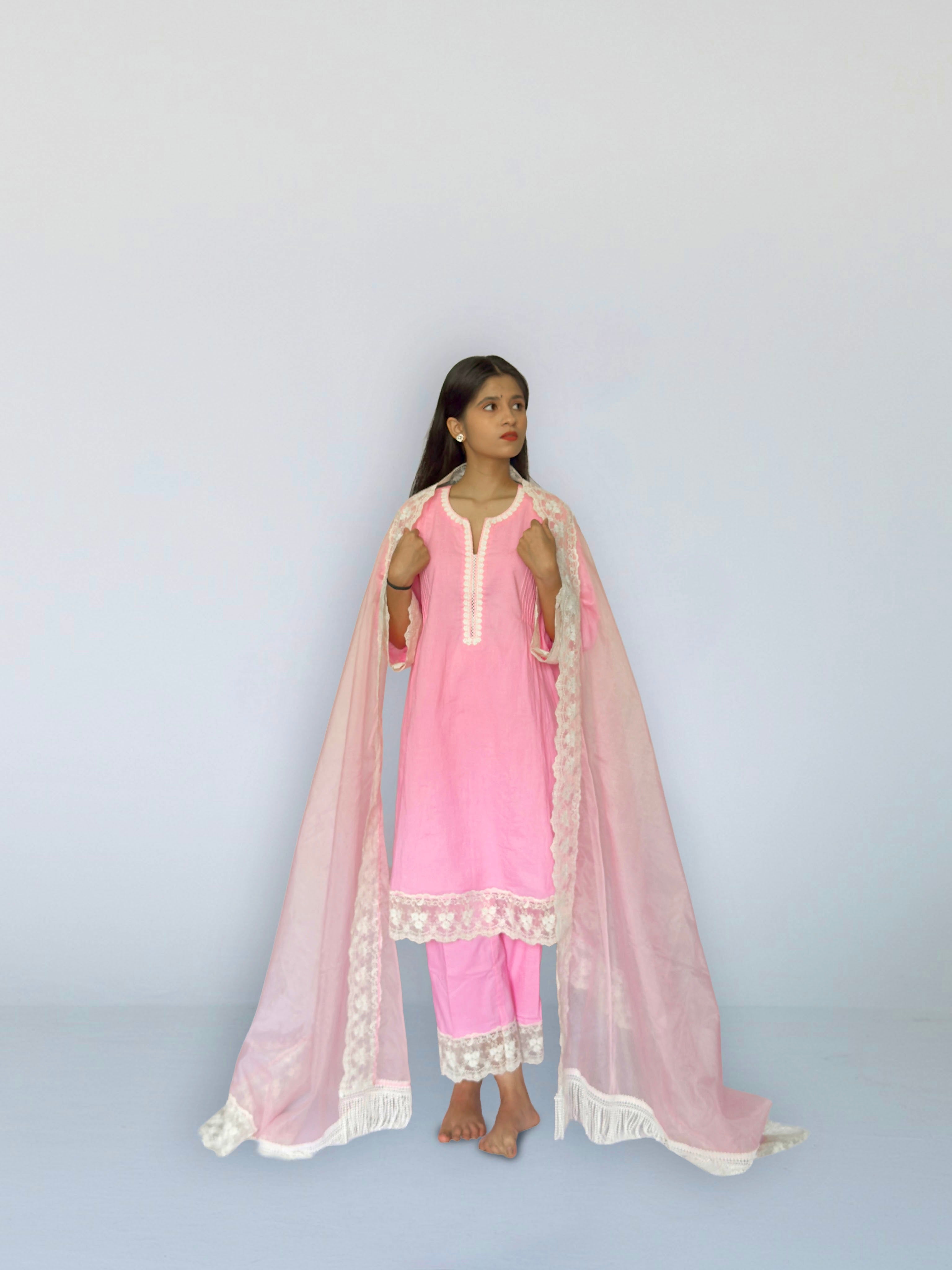 Pink Cottan A-Line Short Kurta Set