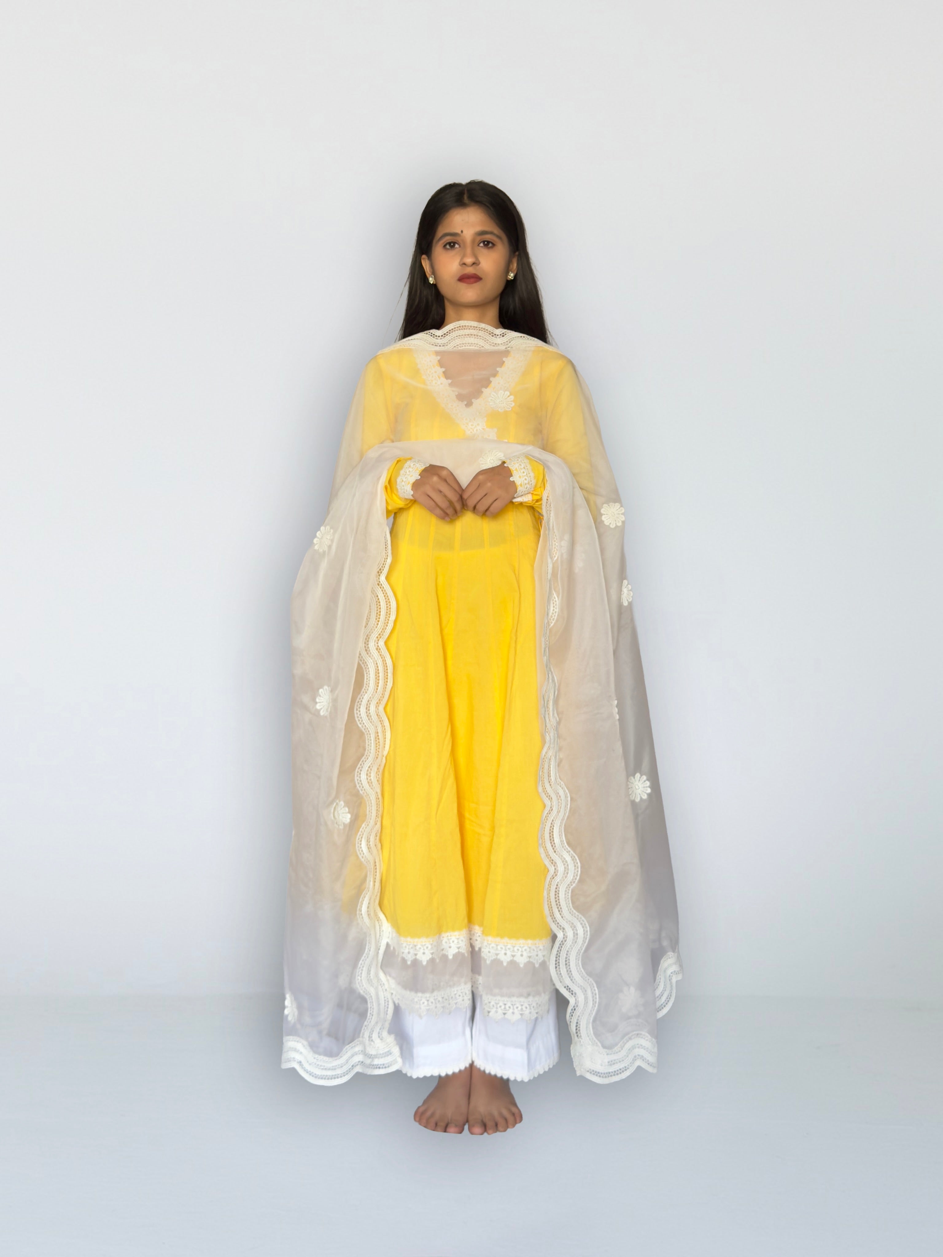 Sunshine Yellow Cottan Angrakha Anarkali Kurta Set