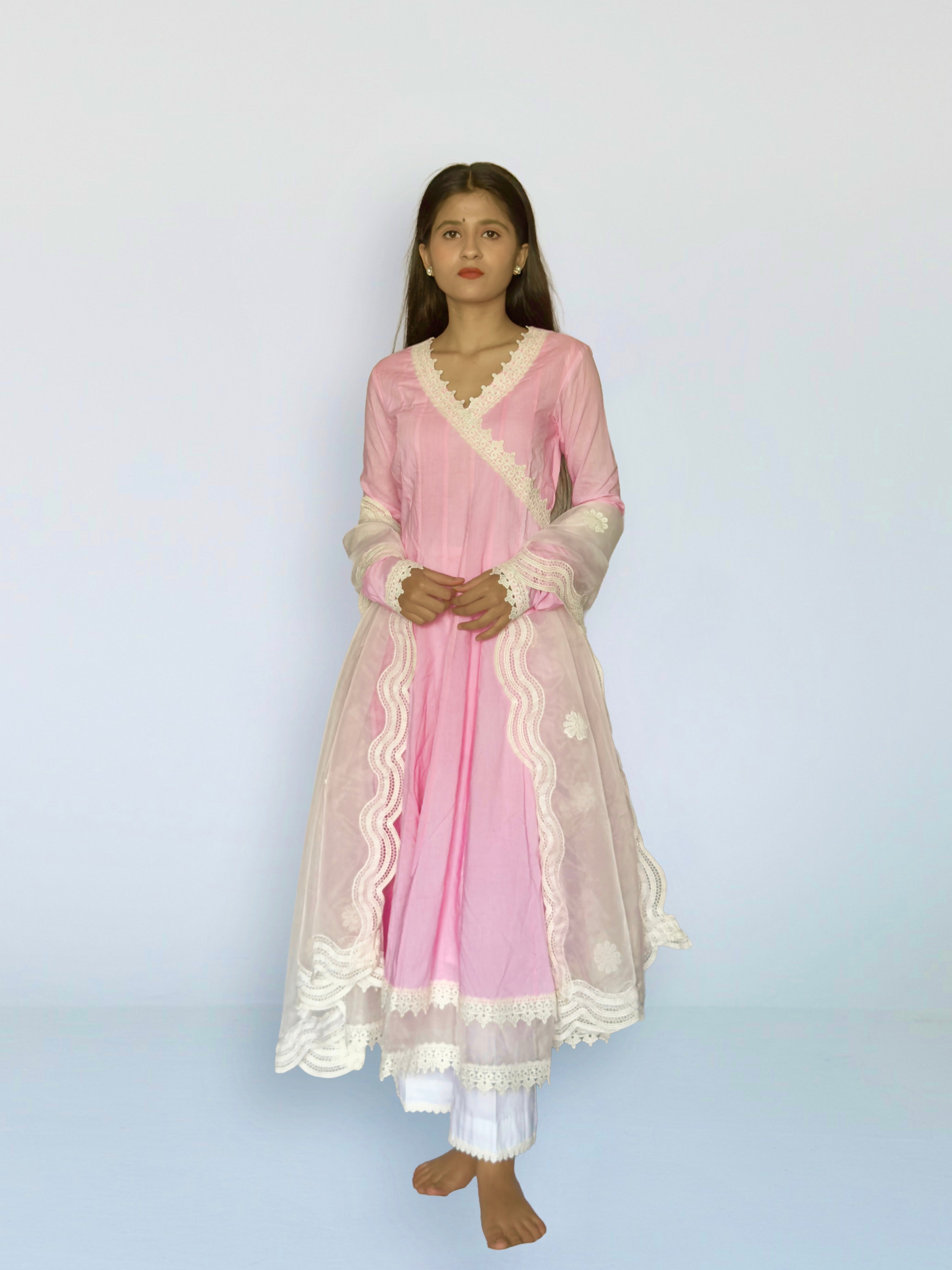 Pink cottan angrakha anarkali kurta set