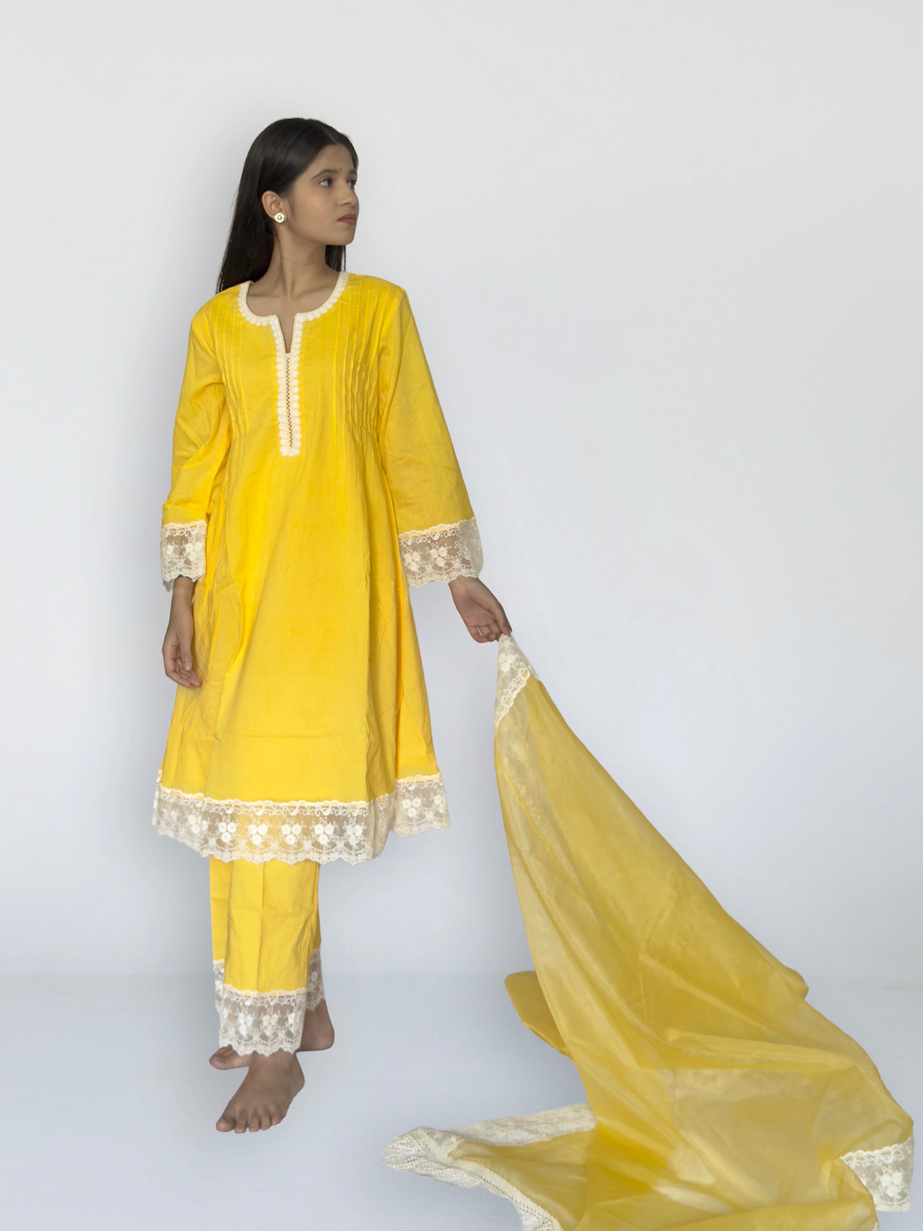 Sunshine Yellow Cottan A-Line Short Kurta Set