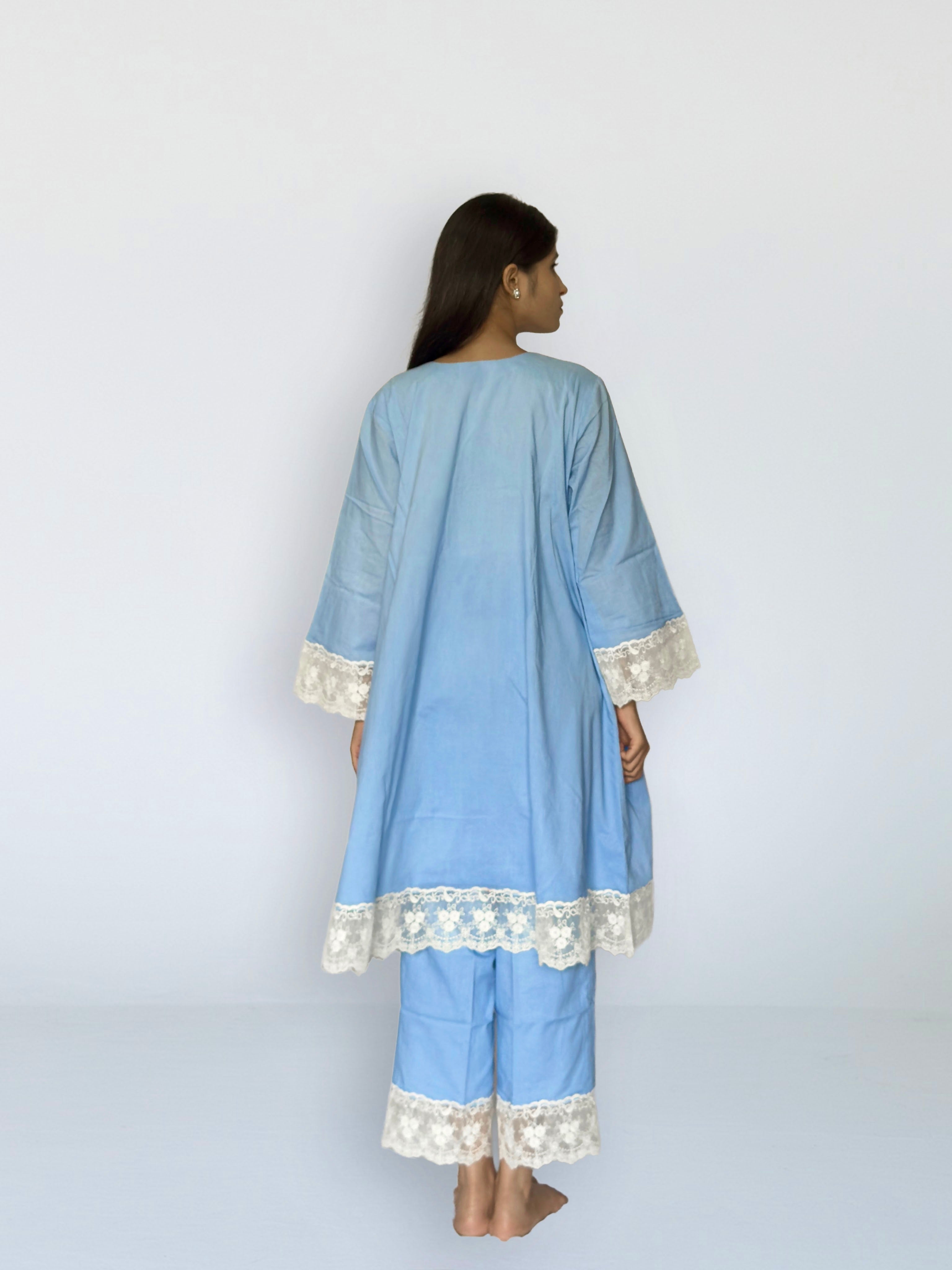 Powder Blue Cottan A-Line Short Kurta Set