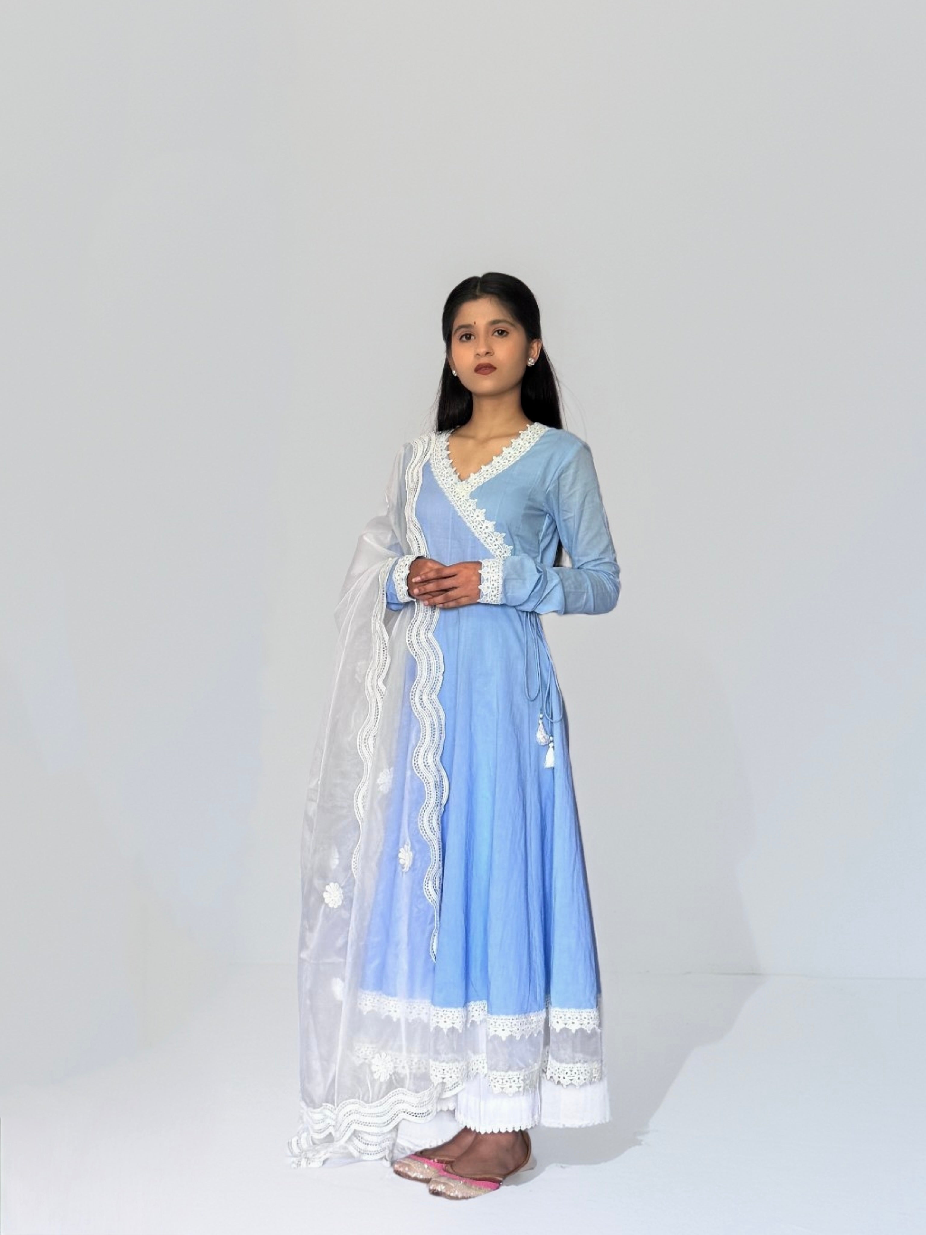 Powder Blue Cottan Angrakha Anarkali Kurta Set
