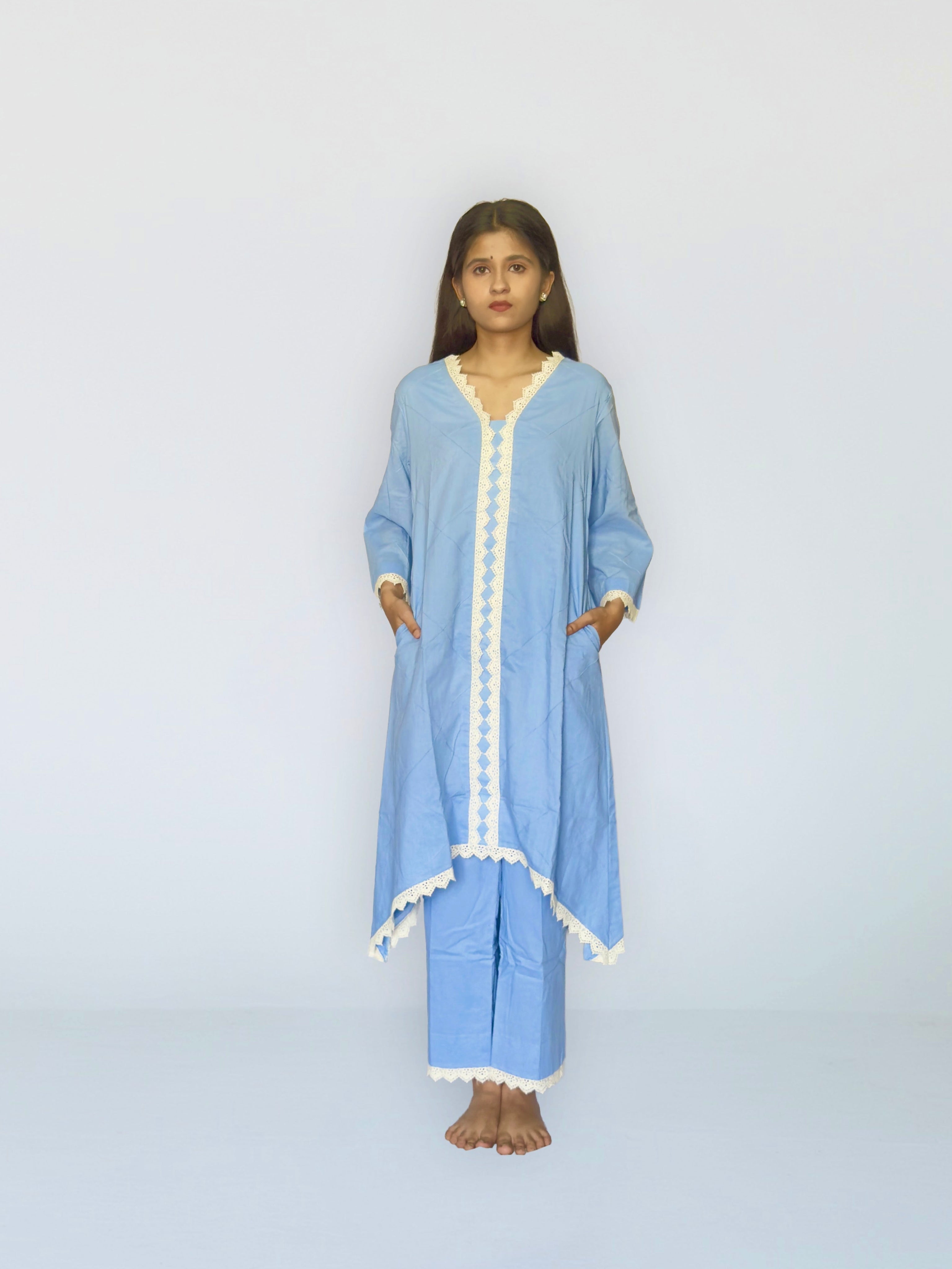 Powder Blue Cottan Co-ord With Lace