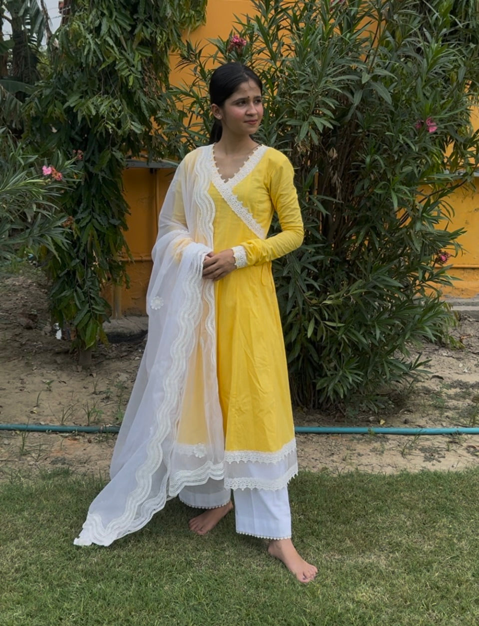 Sunshine Yellow Cottan Angrakha Anarkali Kurta Set