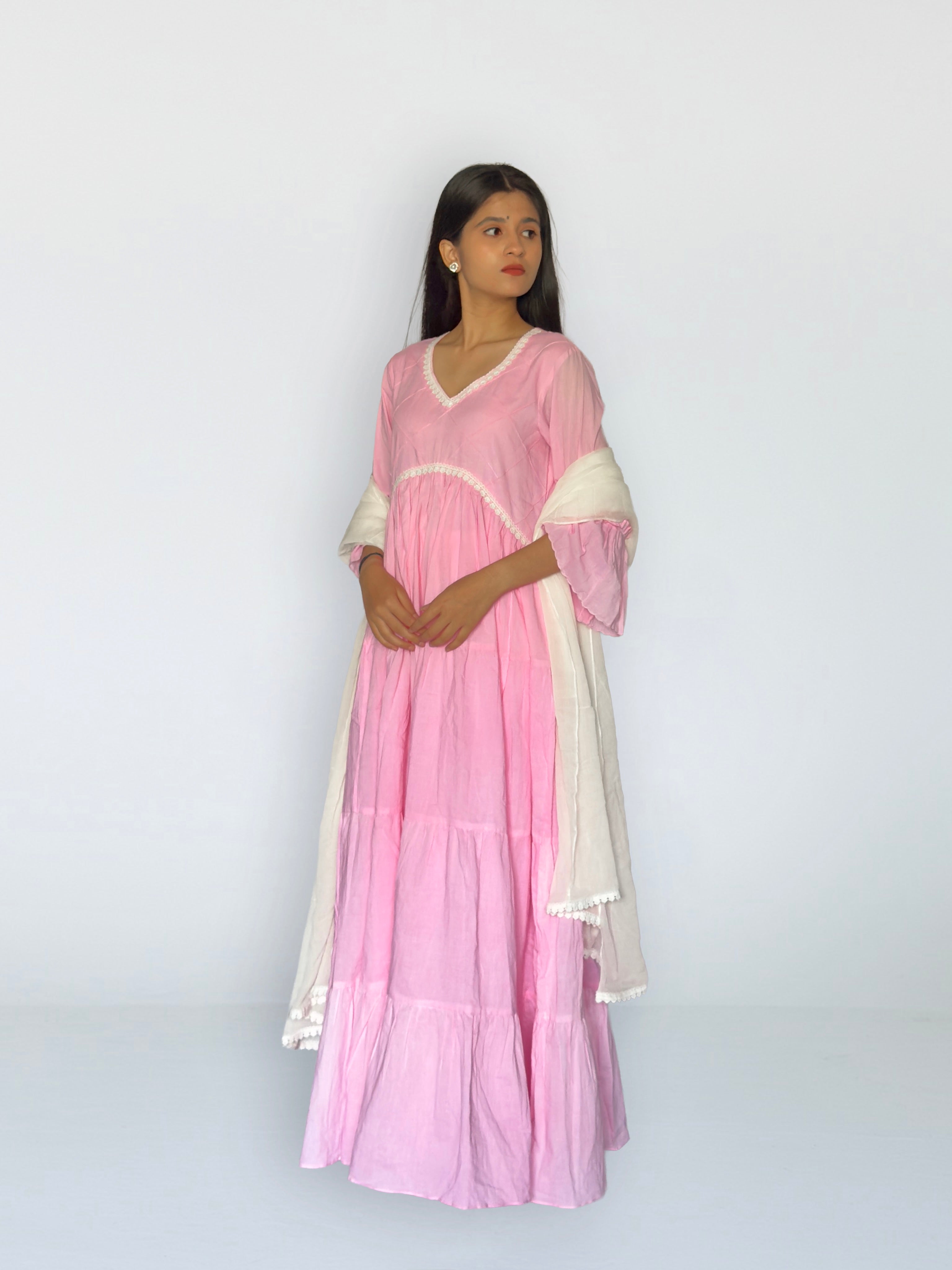 Pink Cottan Tiered Anarkali Set