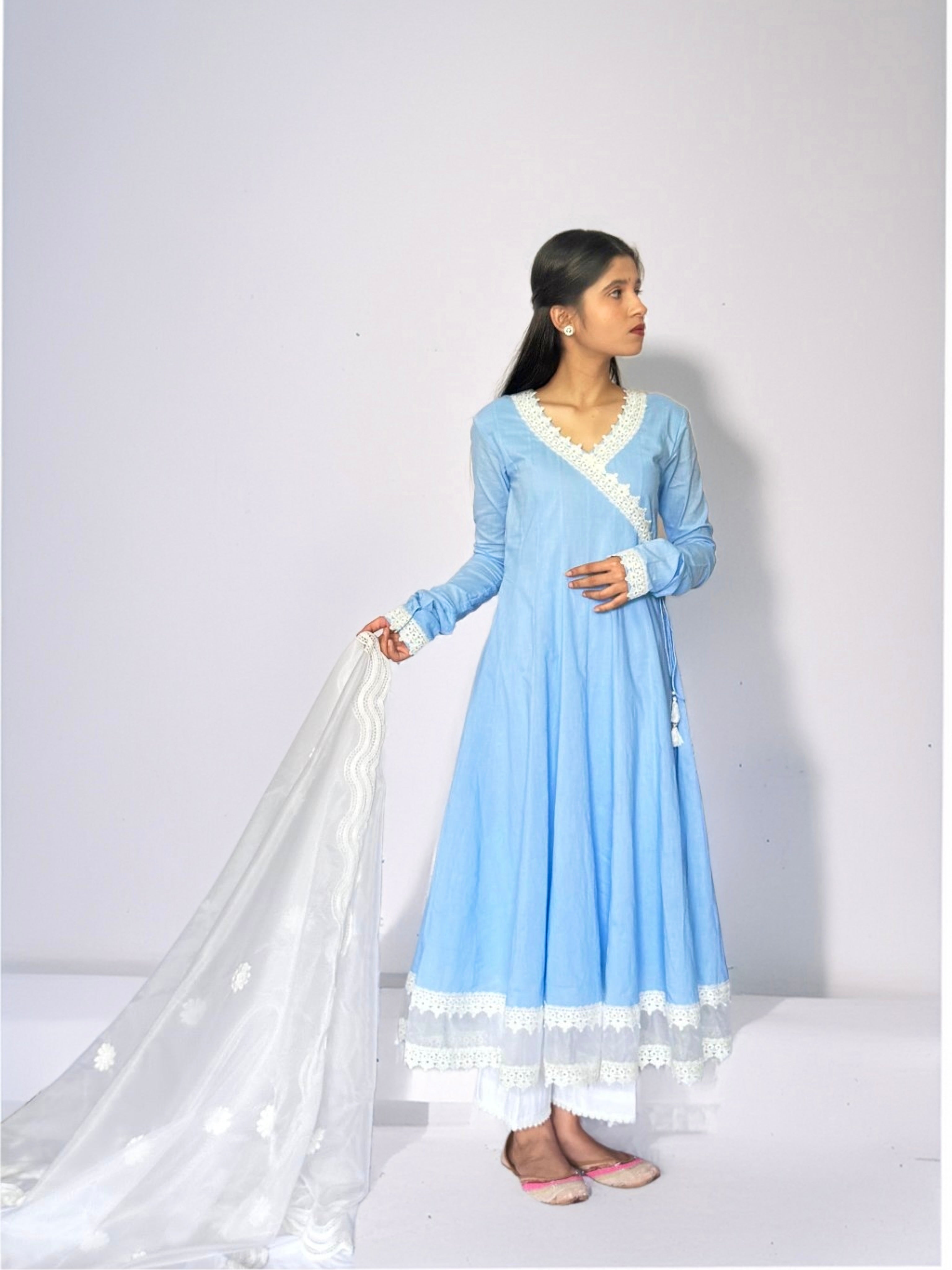 Powder Blue Cottan Angrakha Anarkali Kurta Set
