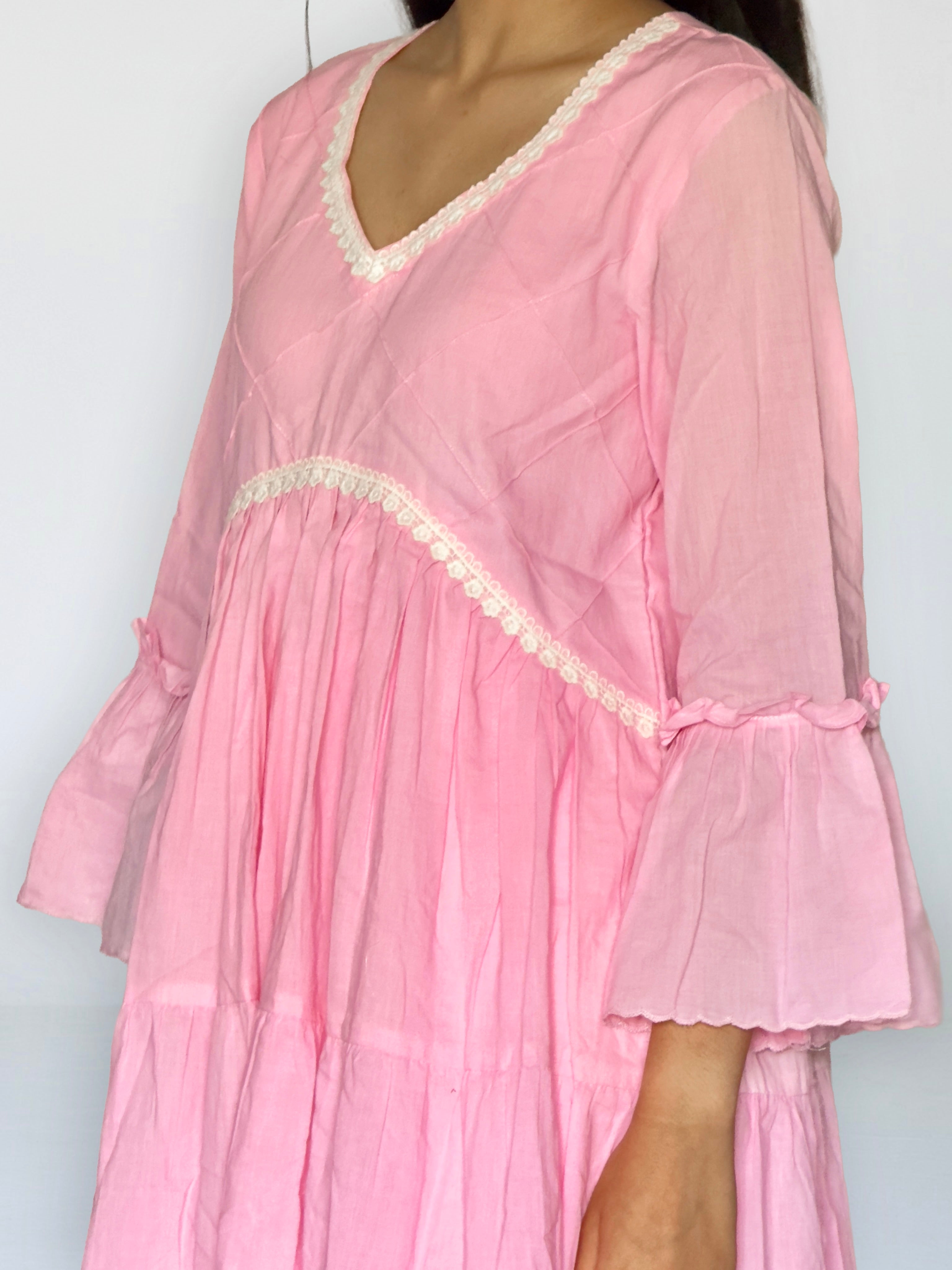 Pink Cottan Tiered Anarkali Set