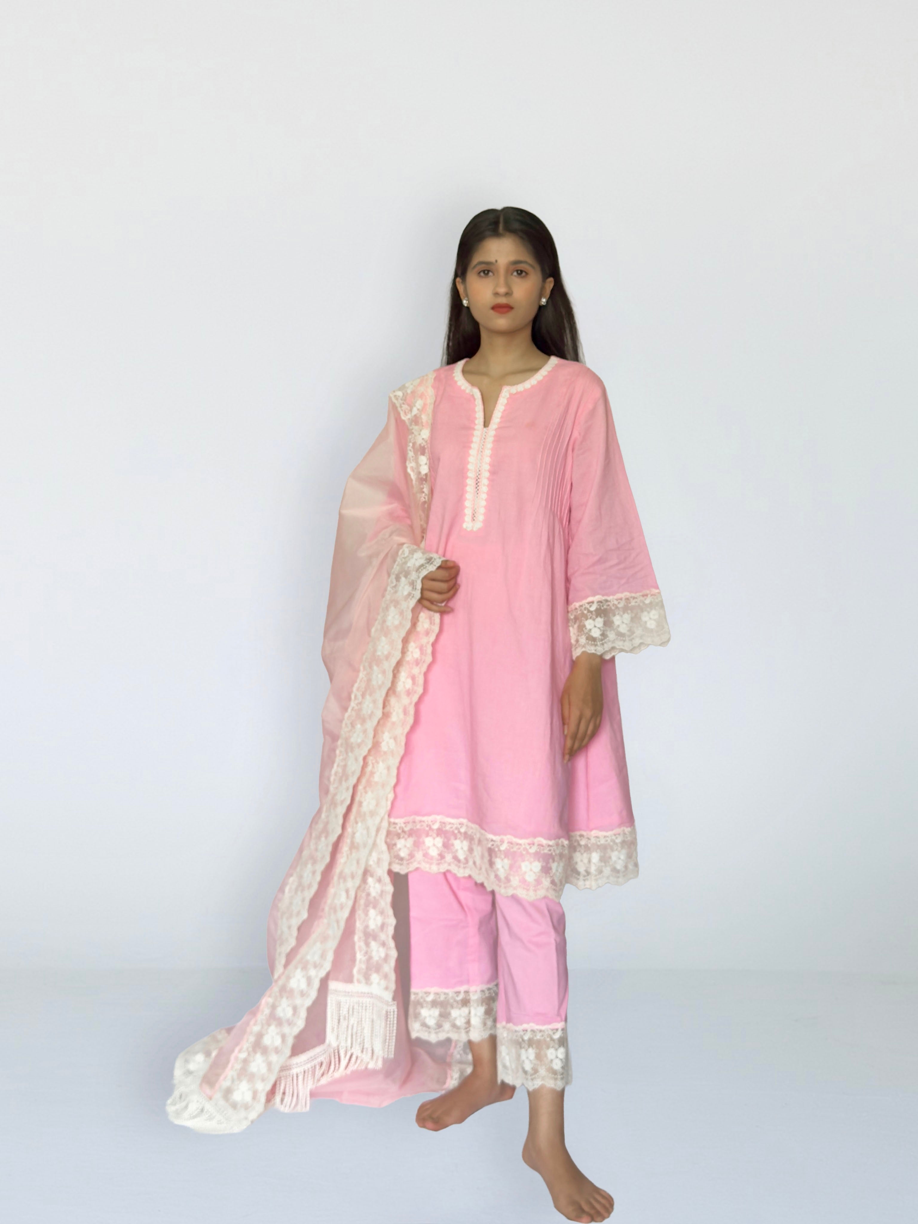 Pink Cottan A-Line Short Kurta Set