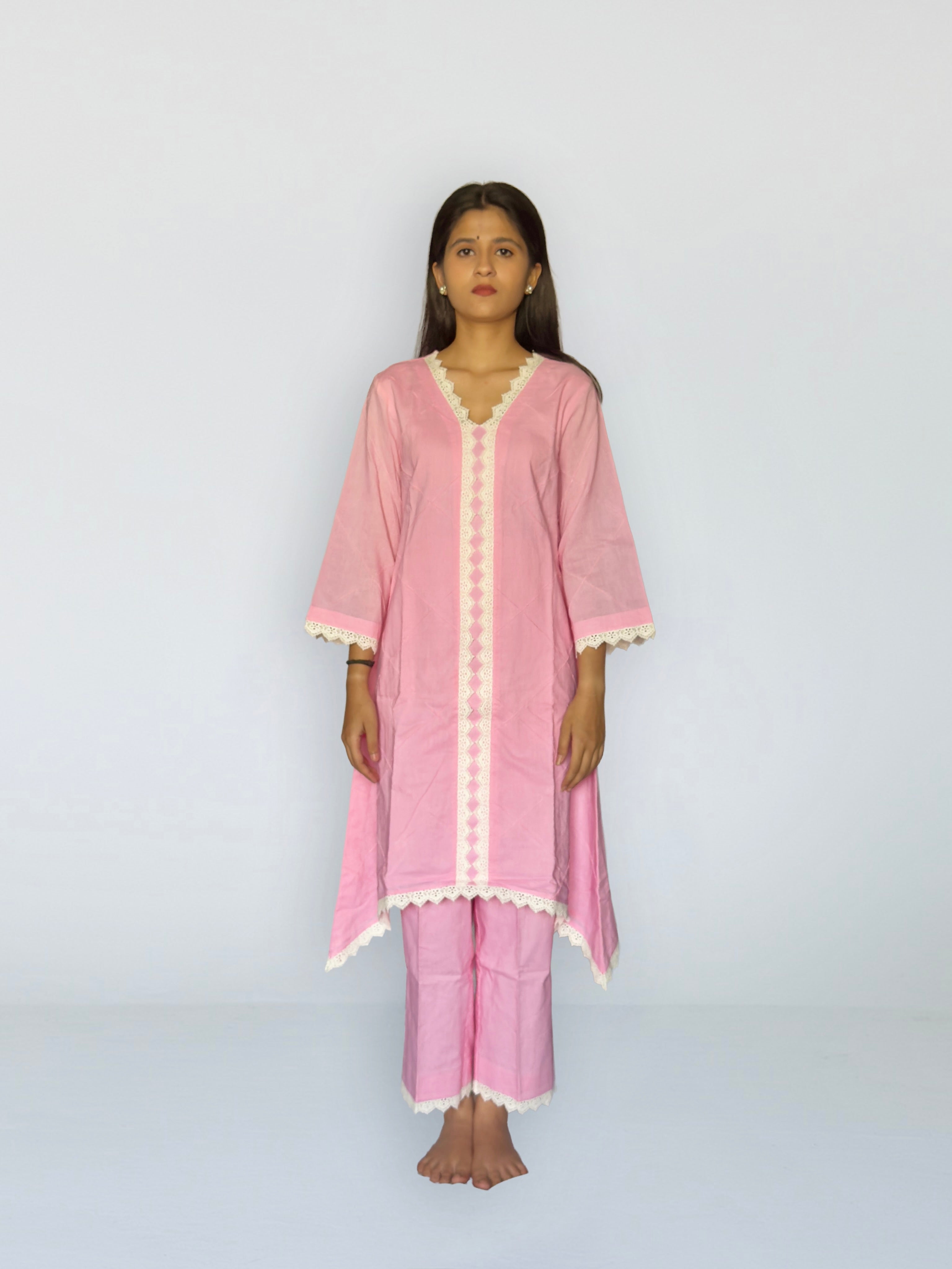 Pink Cottan Co-ord With Lace