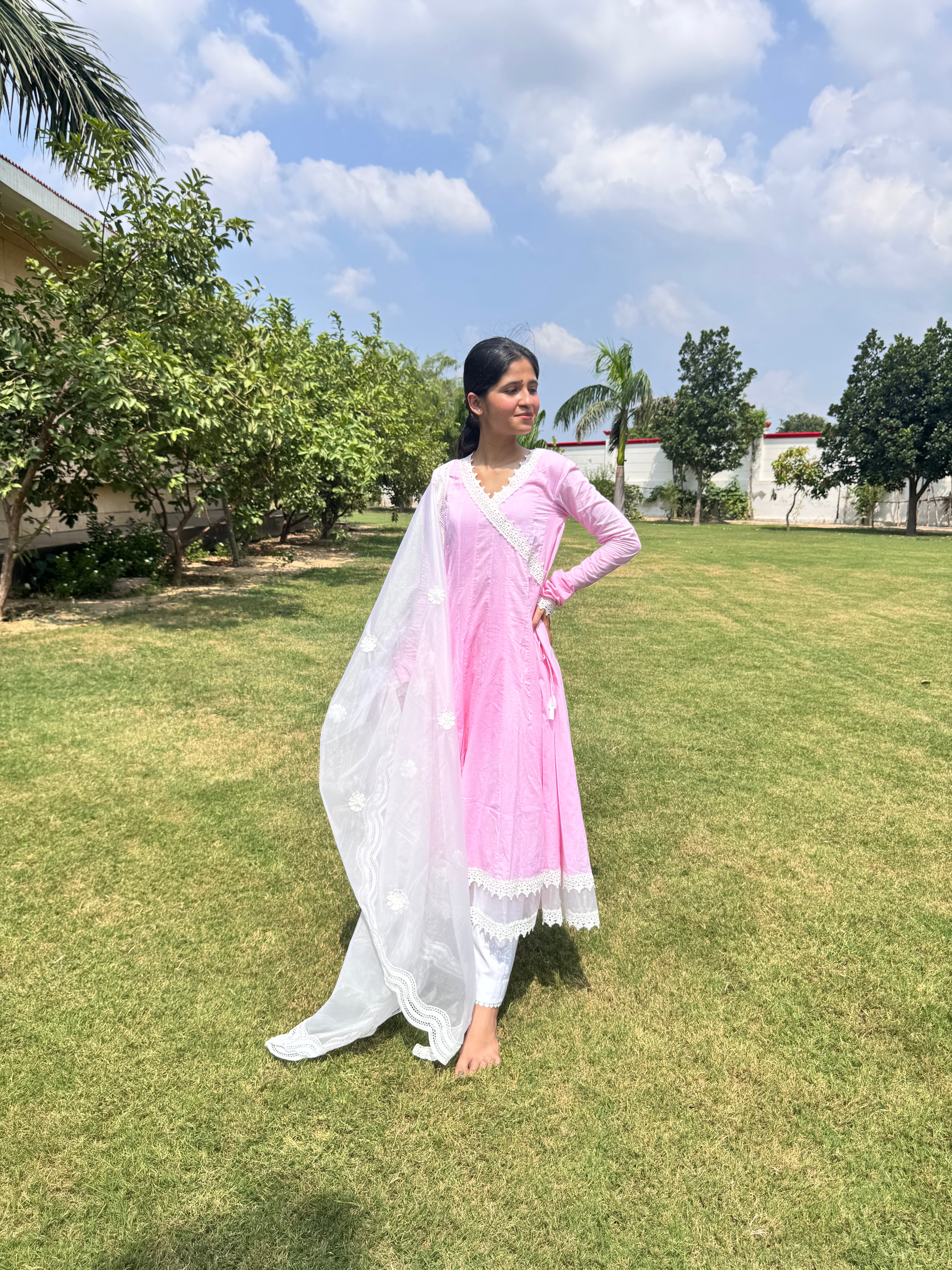 Pink cottan angrakha anarkali kurta set
