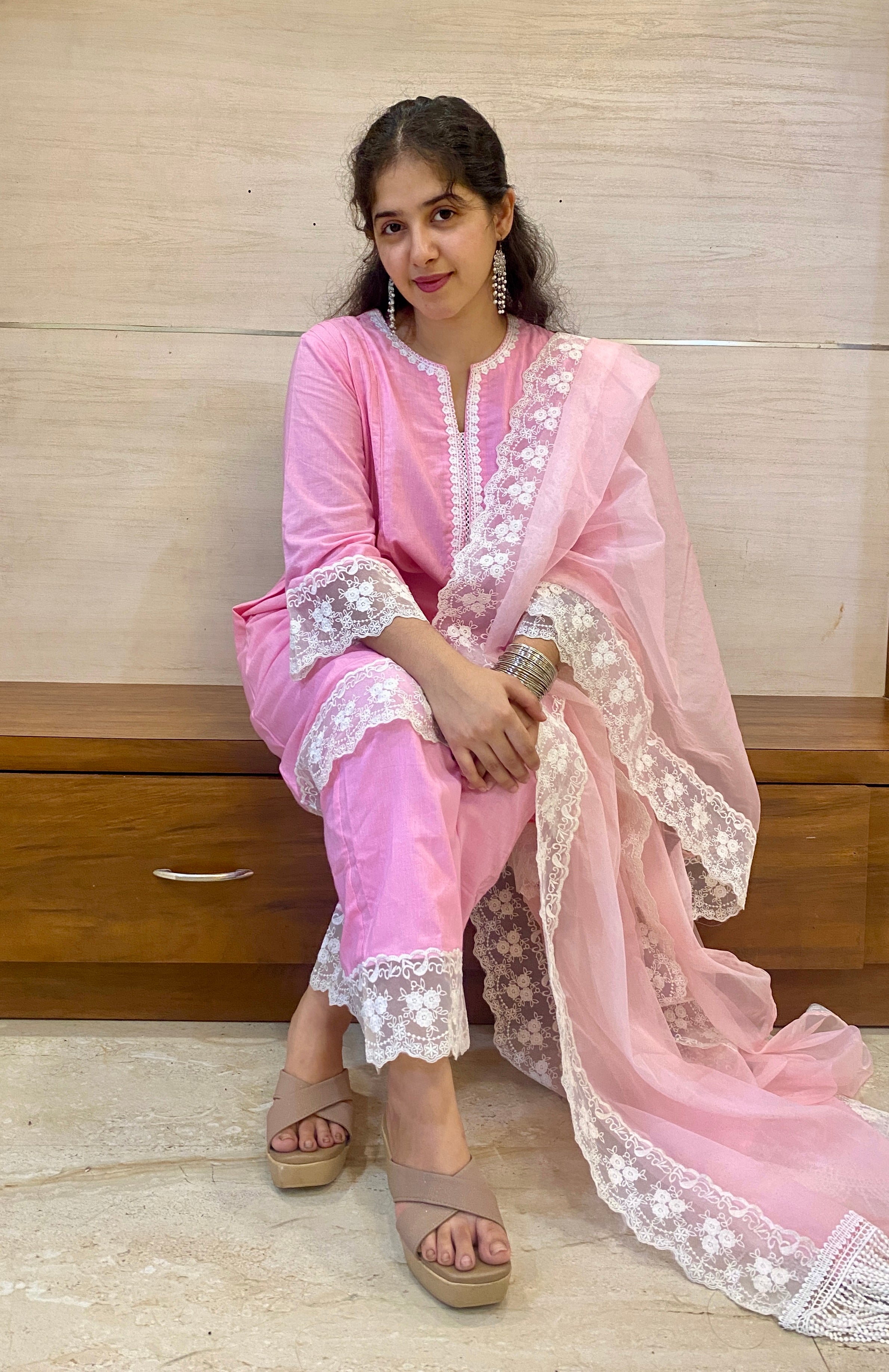 Pink Cottan A-Line Short Kurta Set