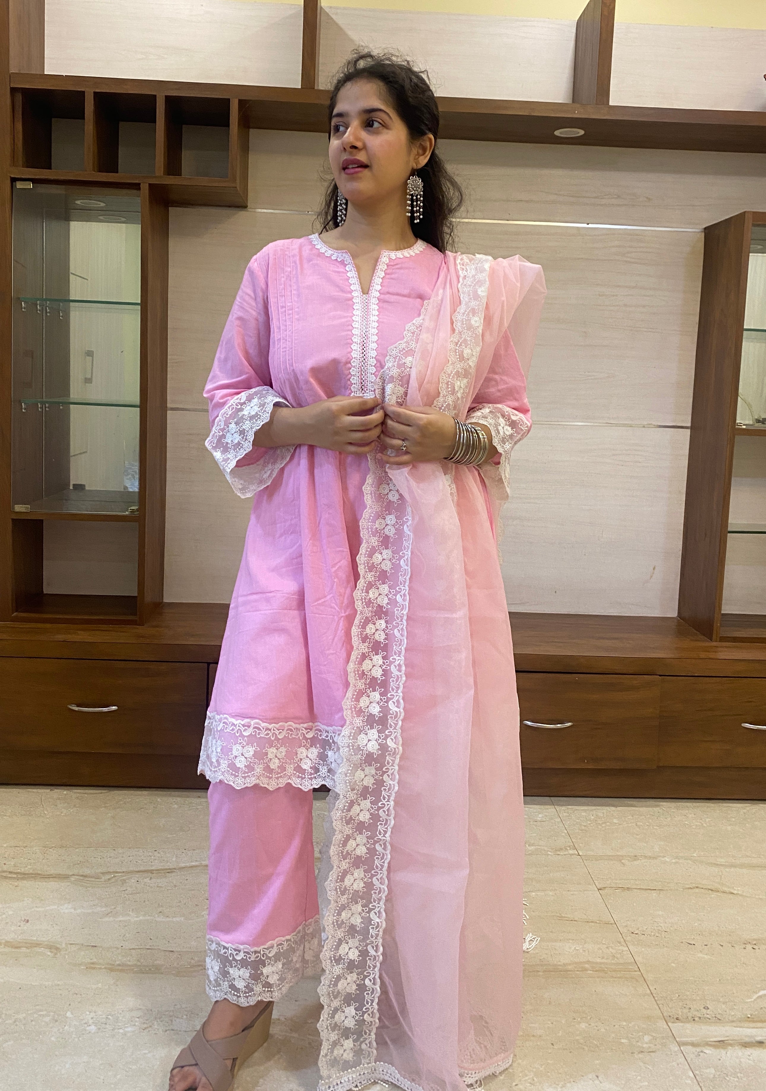 Pink Cottan A-Line Short Kurta Set