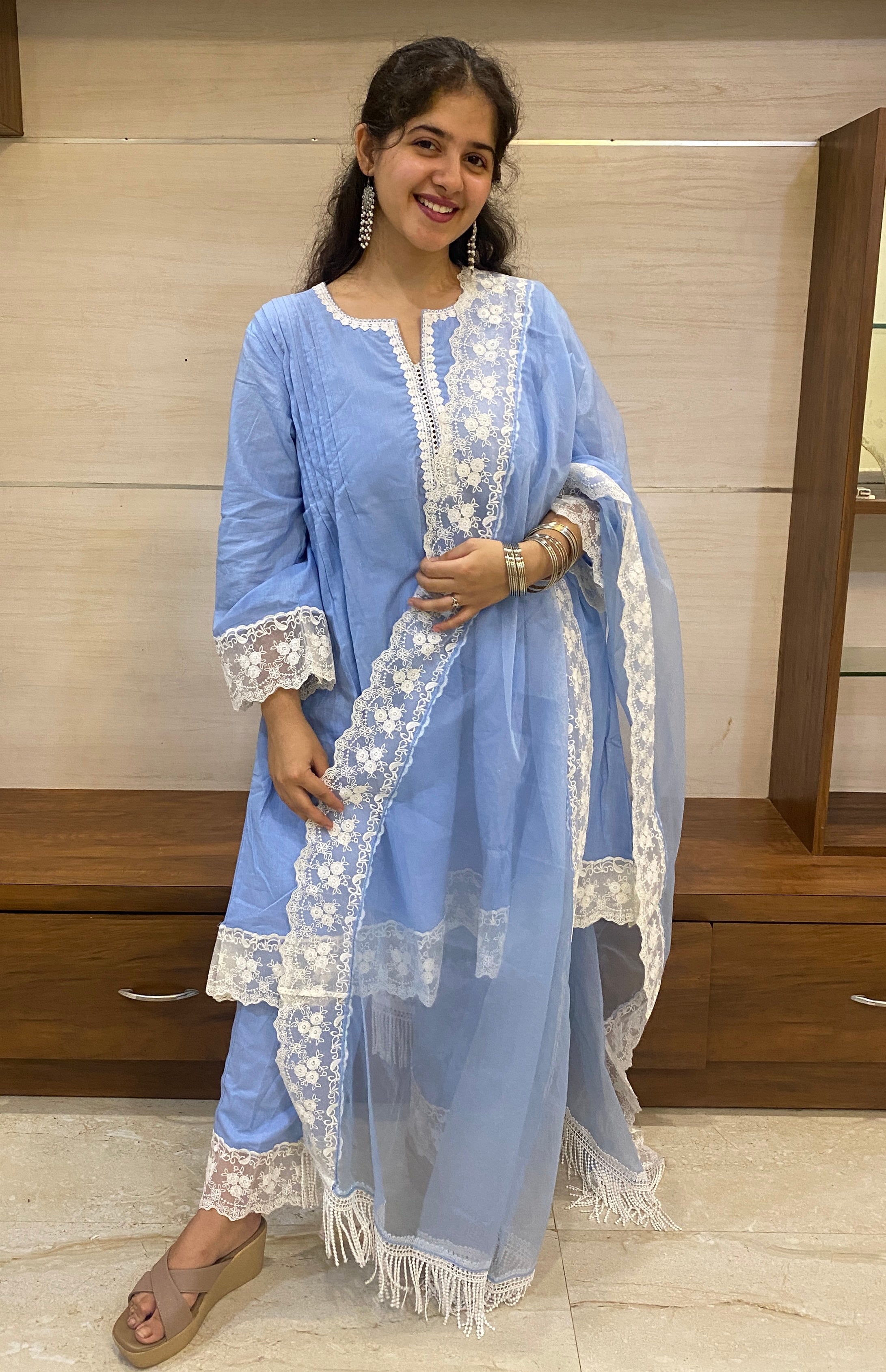 Powder Blue Cottan A-Line Short Kurta Set