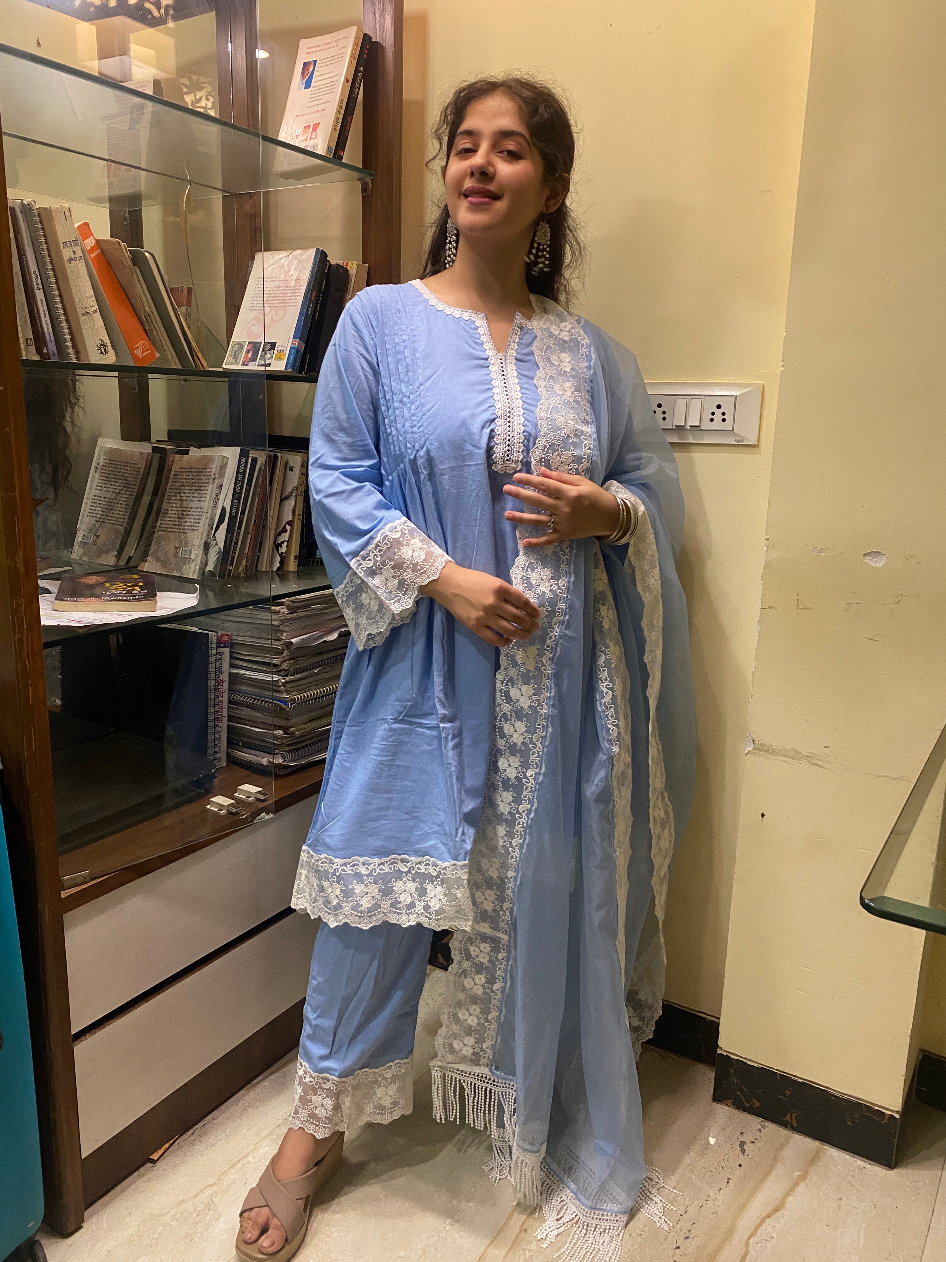 Powder Blue Cottan A-Line Short Kurta Set