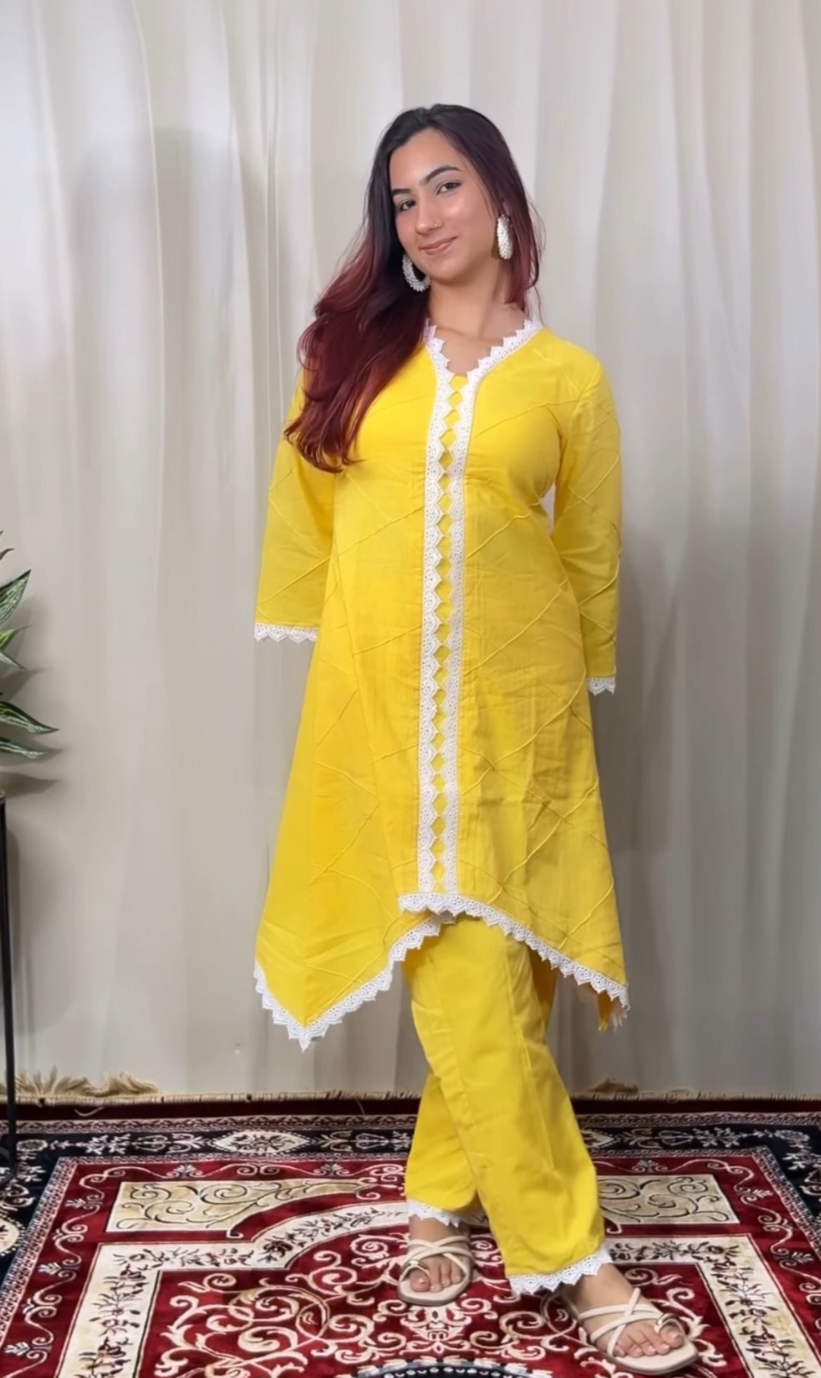 Sunshine Yellow Cottan Co-ord With Lace