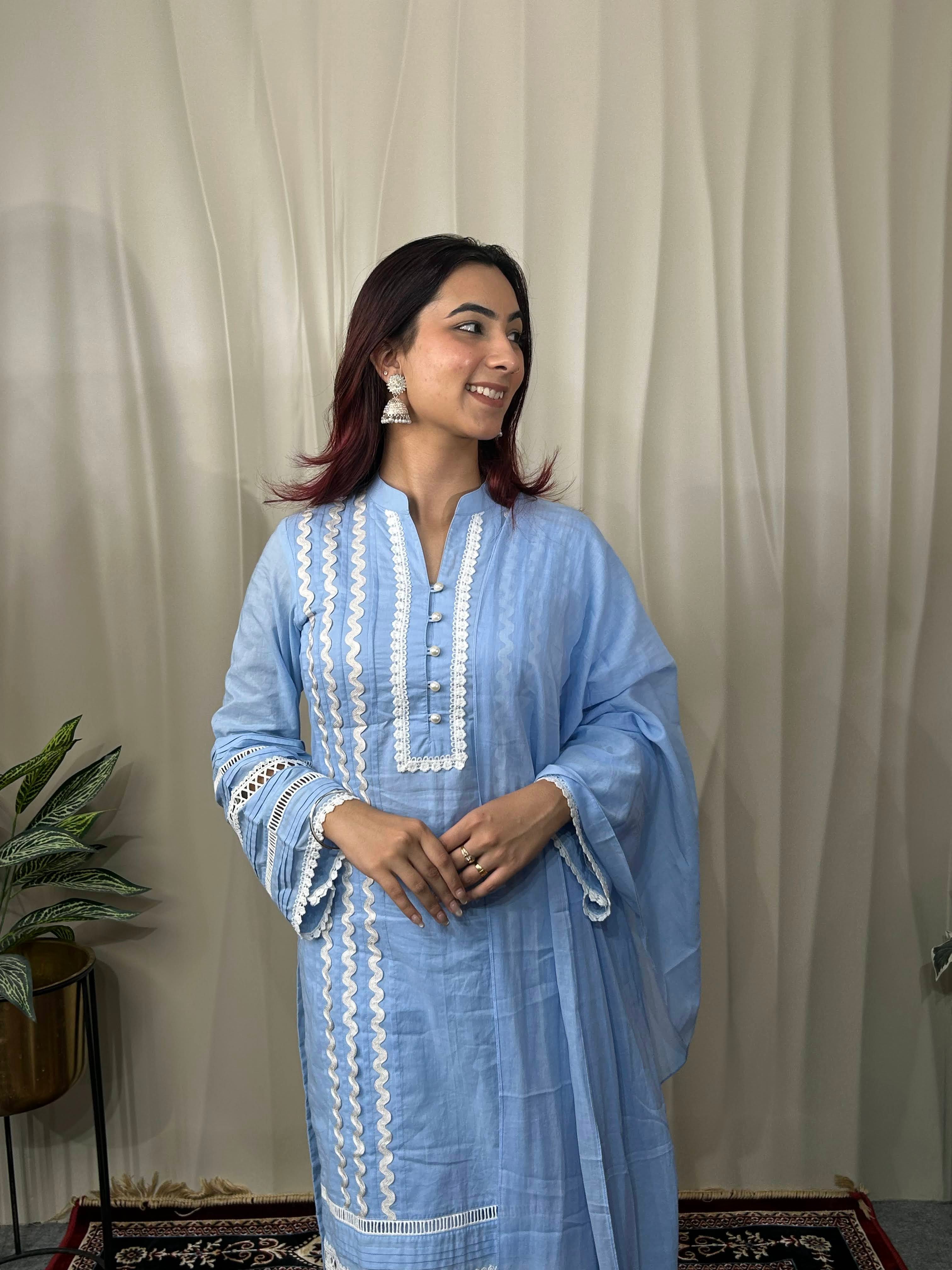 Powder Blue Cottan Straight Kurta Set