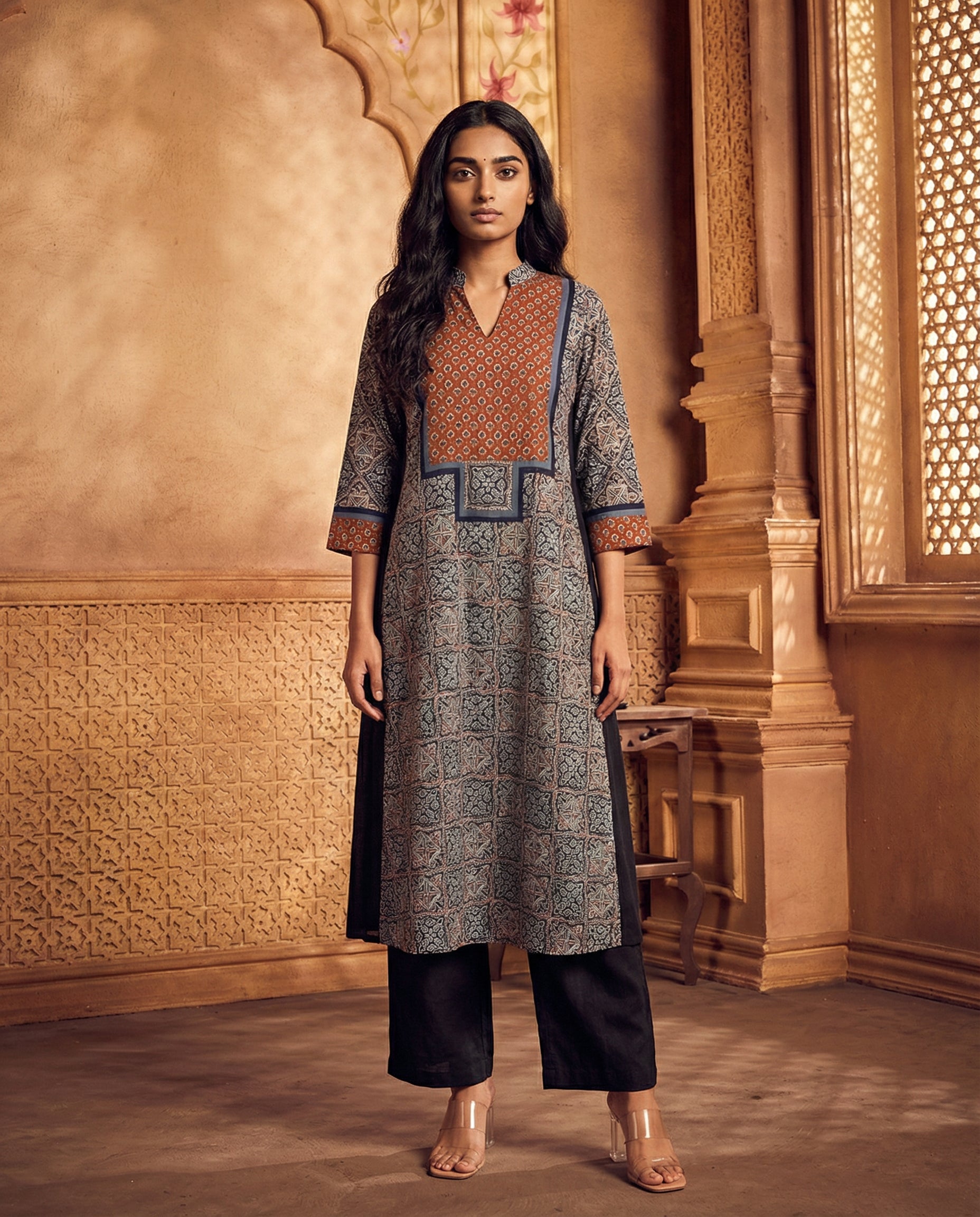 Ajrakh printed yoke A-line kurta set