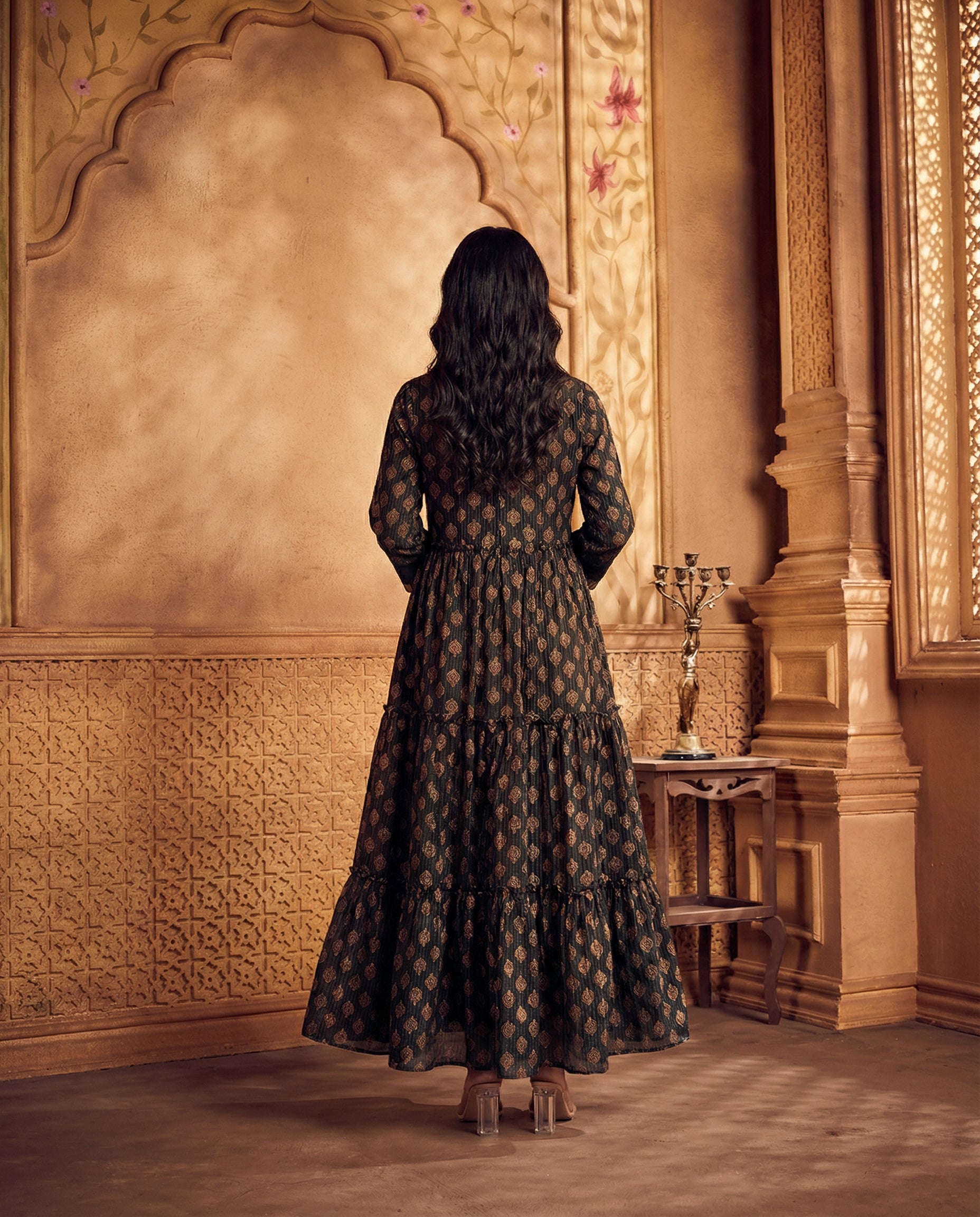 Ajrakh printed tiered anarkali