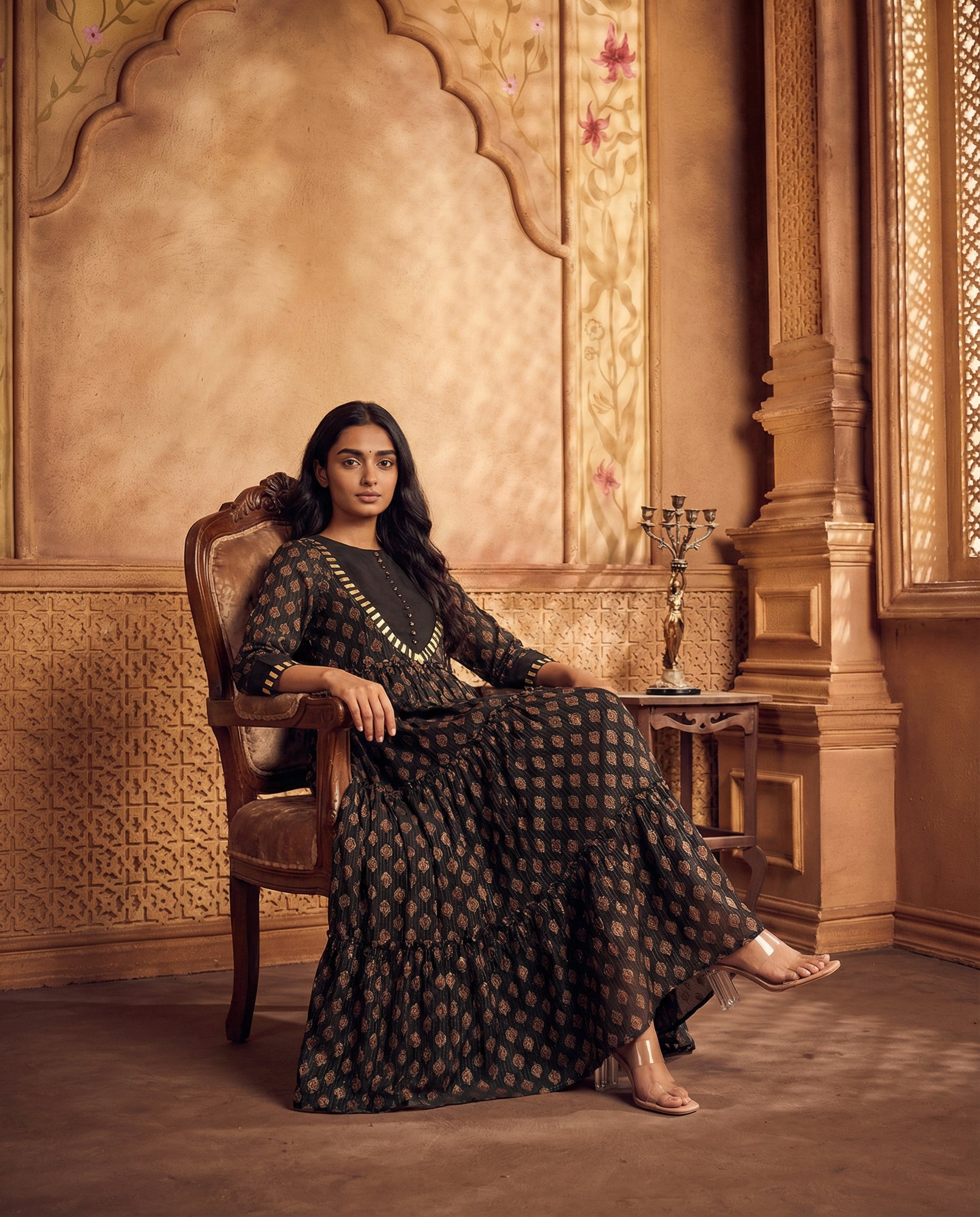 Ajrakh printed tiered anarkali