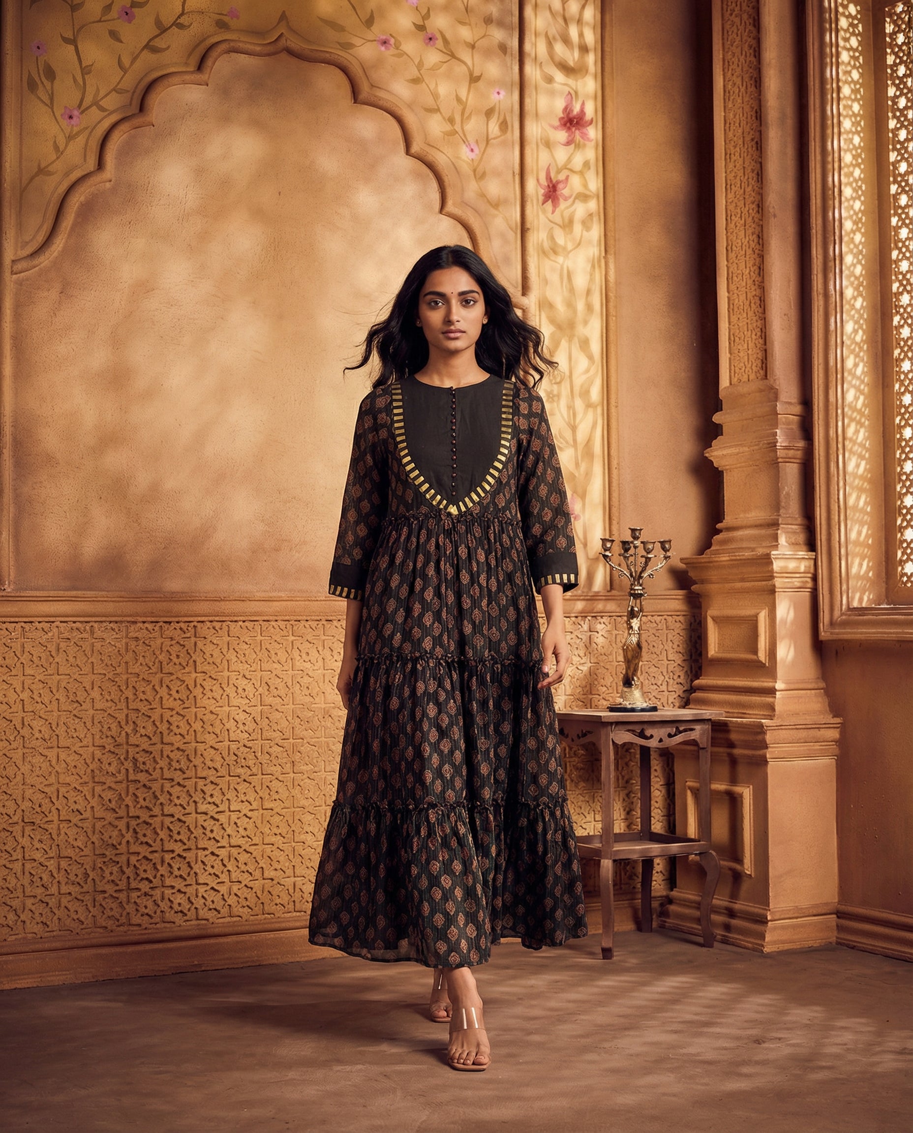 Ajrakh printed tiered anarkali