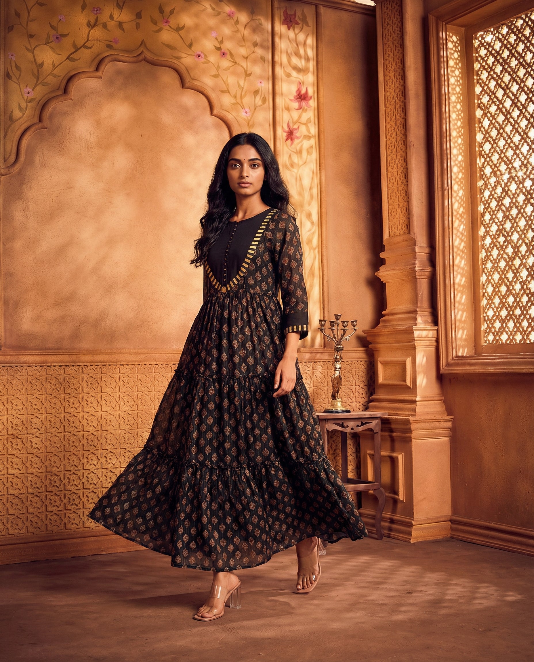 Ajrakh printed tiered anarkali