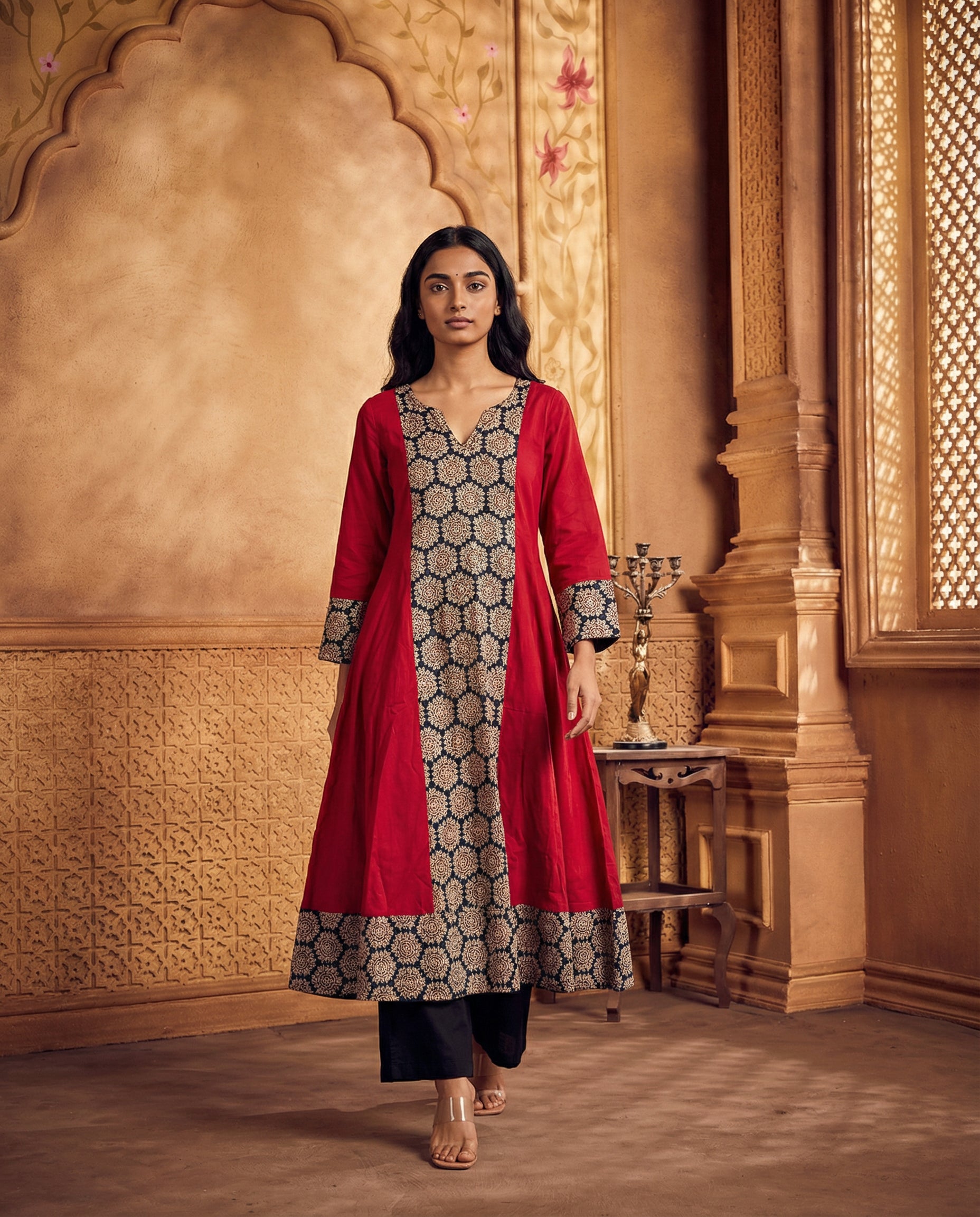 Ajrakh printed flare anarkali set