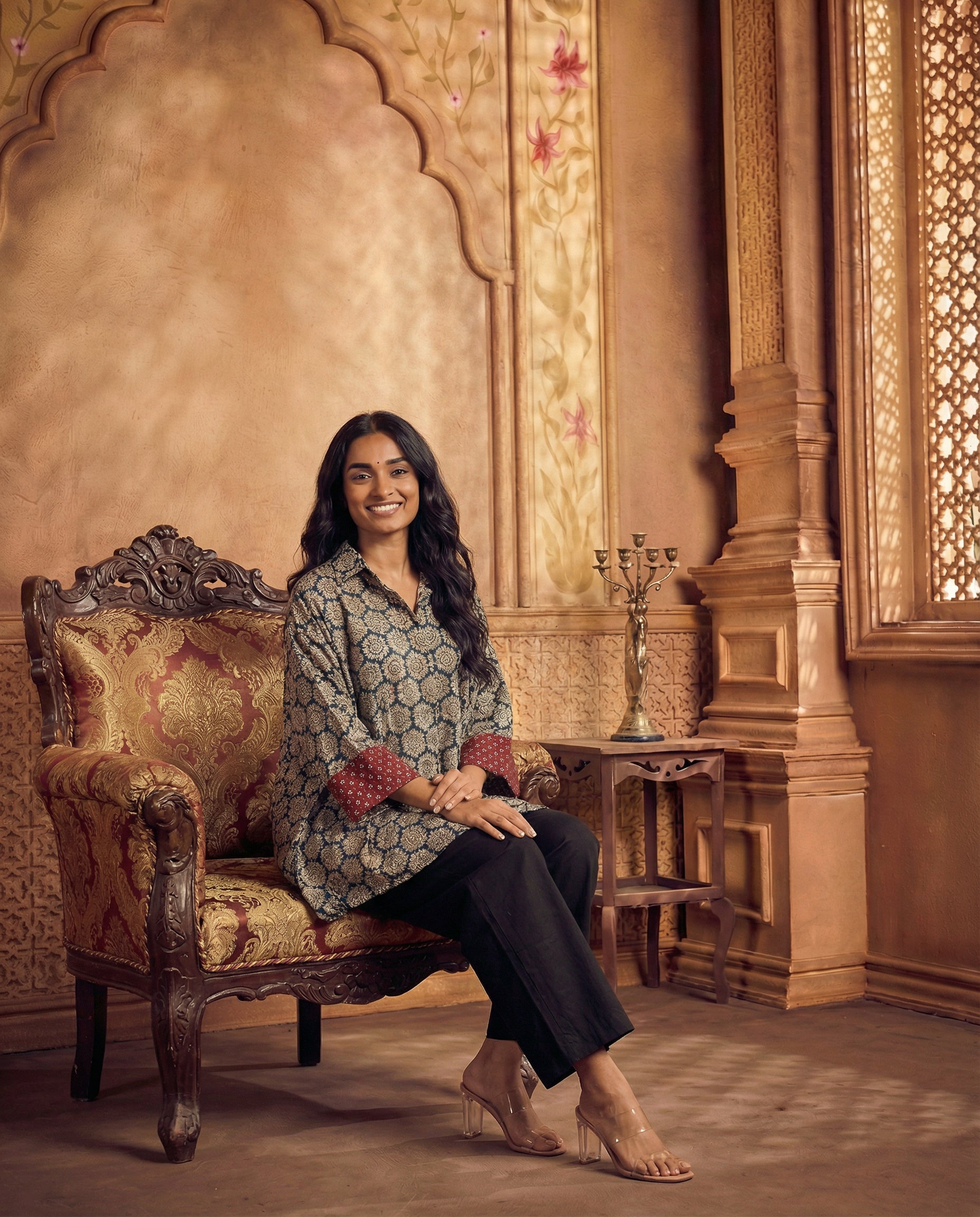 Ajrakh printed asymmetric shirt set