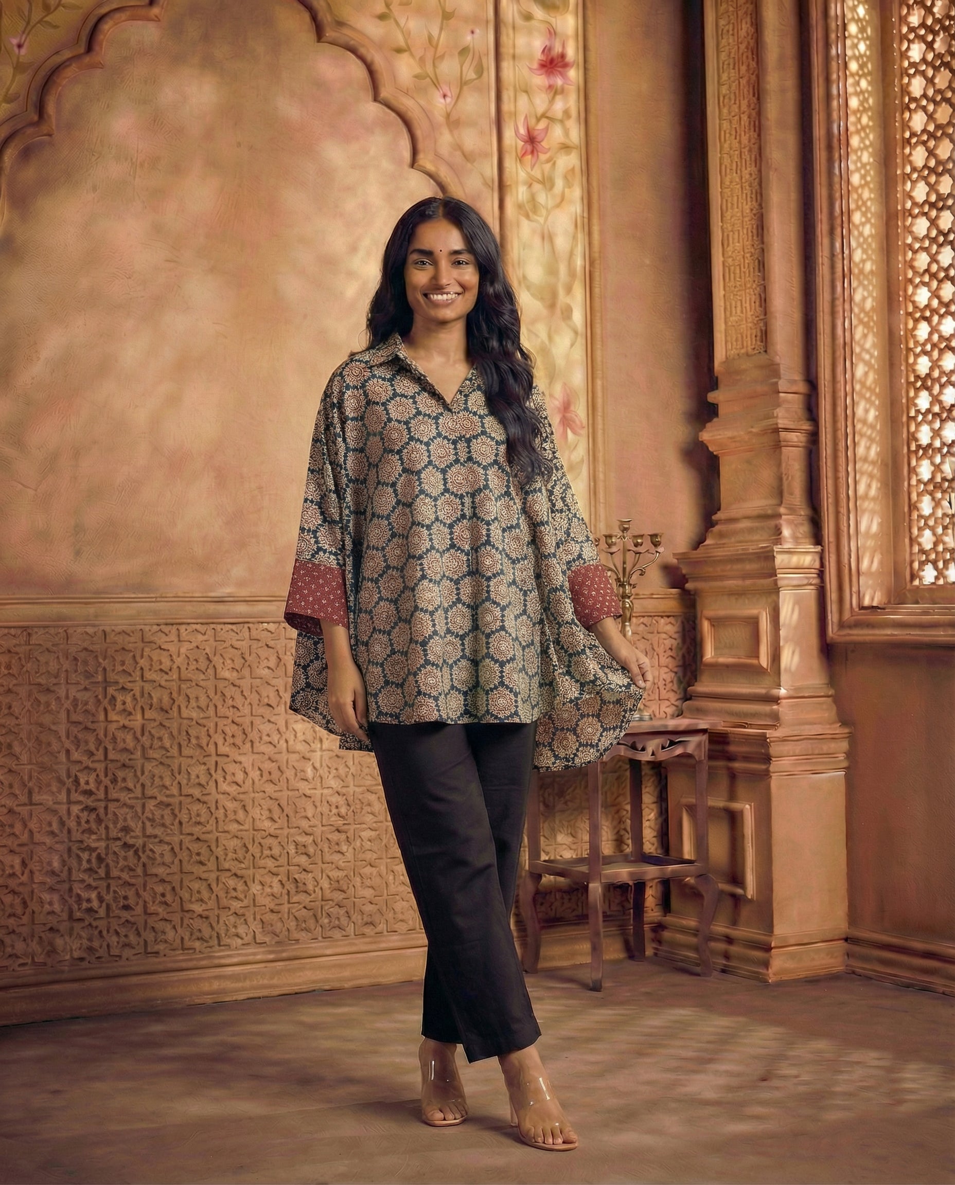 Ajrakh printed asymmetric shirt set